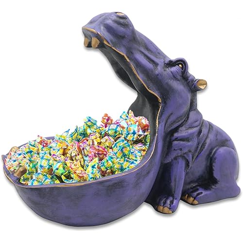 aboxoo Hippo Statue Home Resin Hippopotamus Figurine Fun Candy Dish,Key Bowl,Big Mouth Sculpture Table Art Decoration Sundries Container Storage Box (Purple)