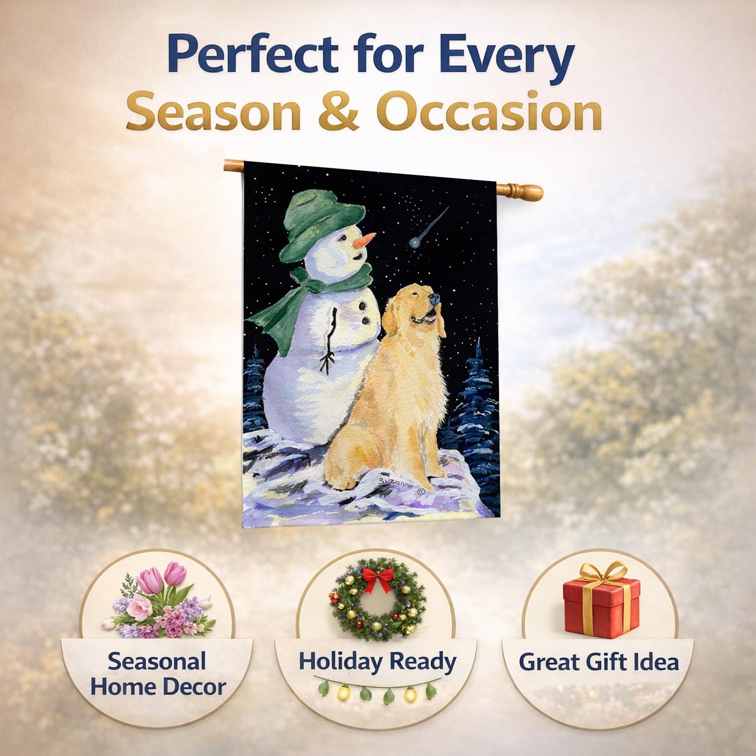 Caroline's Treasures SS8577CHF Golden Retriever with Snowman in Green Hat Flag Canvas, Large, Multicolor