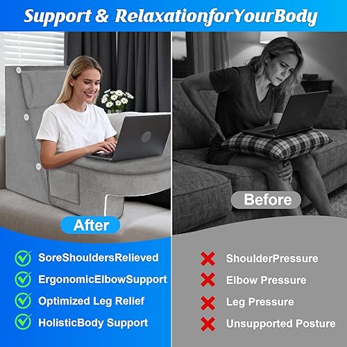 Miniatura 4 de Juego de 3 almohadas de lectura para adultos, soporte ergonómico para espaldacuello con brazos y bolsillos, espuma de alta densidad 26D para cama,