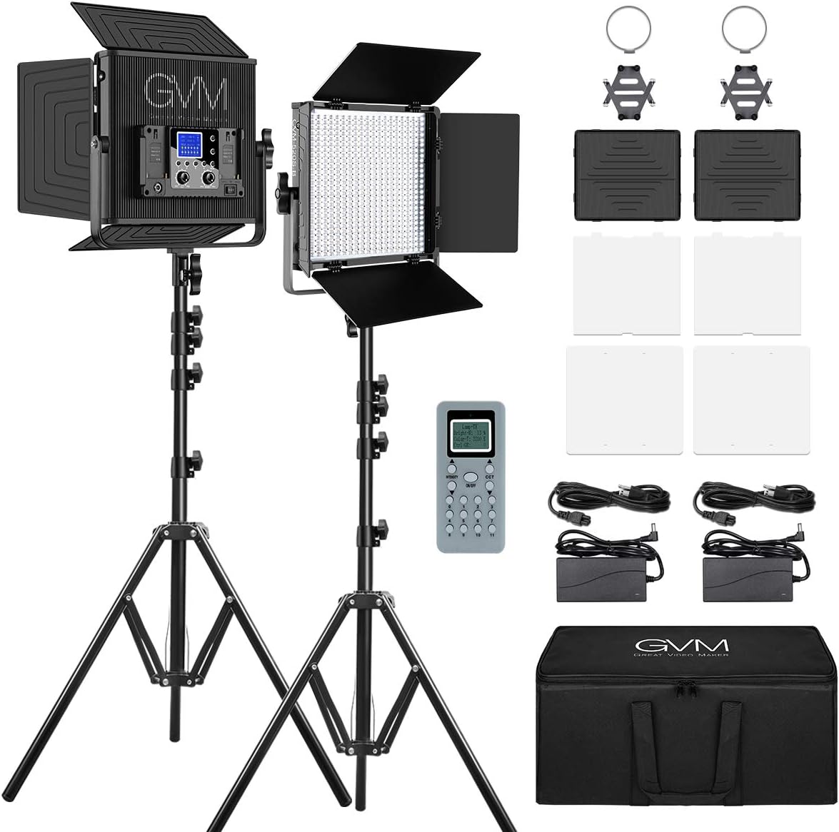 LED Video Light GVM 520S CRI97+ TLCI97+ 18500lux Dimmable Bi-Color 3200K-5600K Light Kit with Remote Control Memory Function for Outdoor Interview Studio Video Making Photography Lighting 2 Pcs Kit