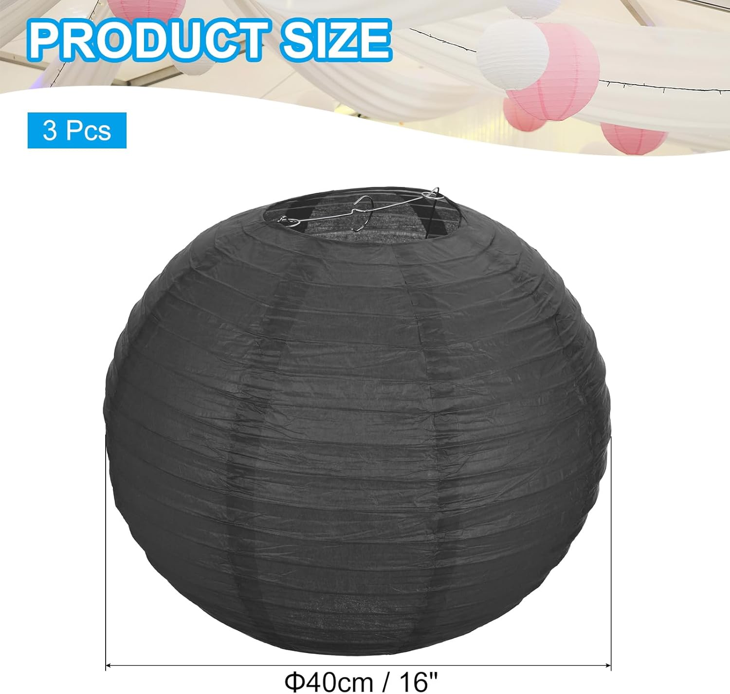PATIKIL Round Paper Lanterns 40cm/16", 3 Pack Decorative Hanging Lanterns Lamp Party Decorations for Birthday Wedding Bridal Shower Home Decor, Black