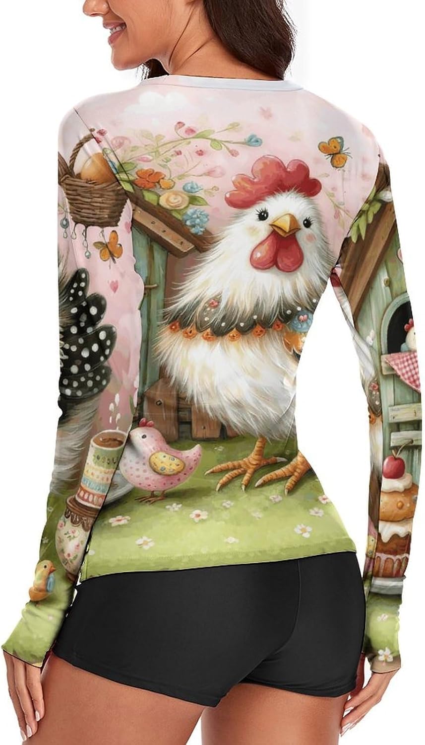 Countryside Cute Chicken Rash Guard for Women UPF 50+ UV Sun Protection | Long Sleeve Workout Top Quick Dry Athletic Hiking Shirt Moisture Wicking Swim Shirt for Running, Cycling, Swimming