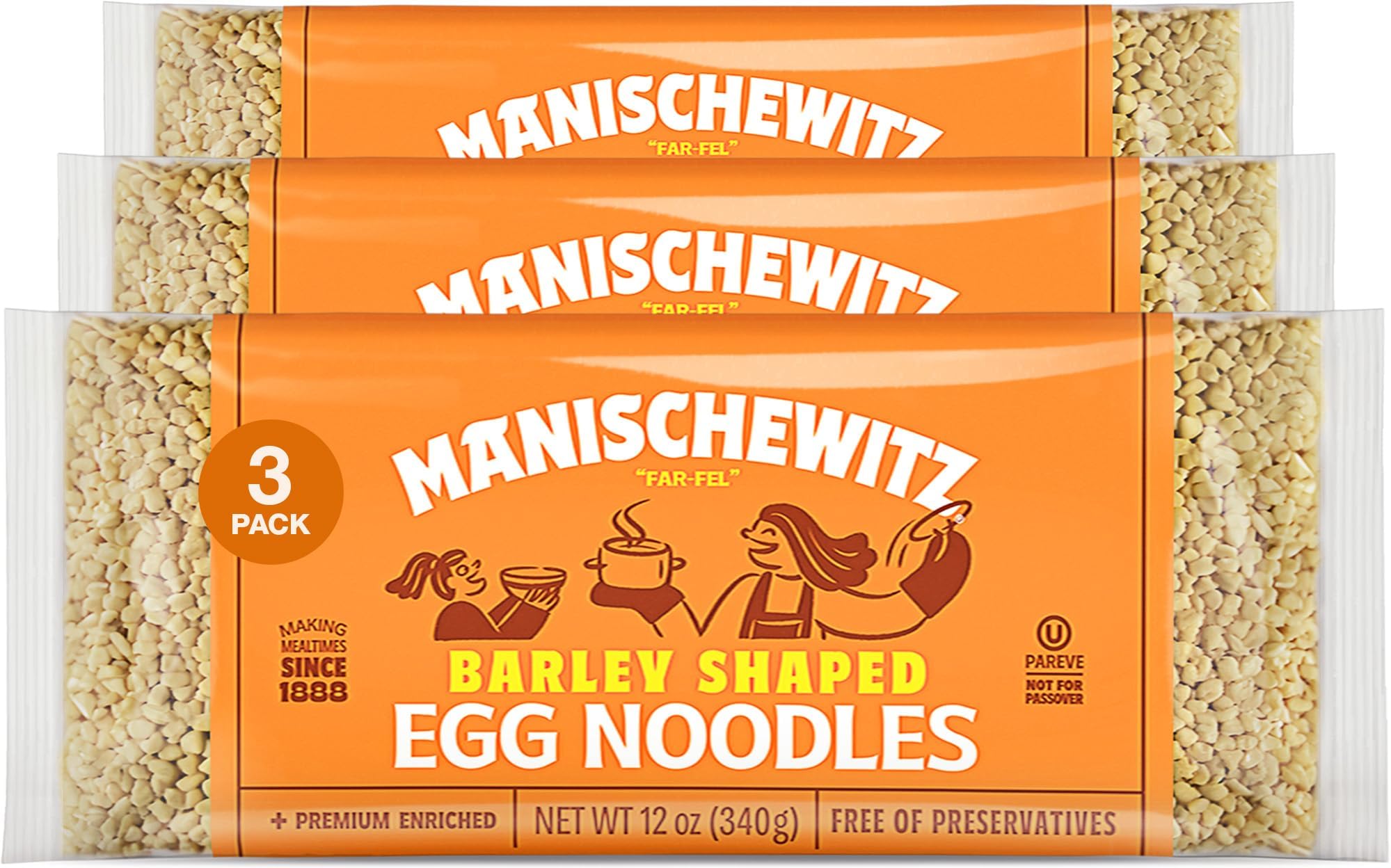Barley Shaped Enriched Egg Noodles, 12 OZ (Pack of 3) Makes a Great Homestyle Farfel, No Preservatives, Low Sodium
