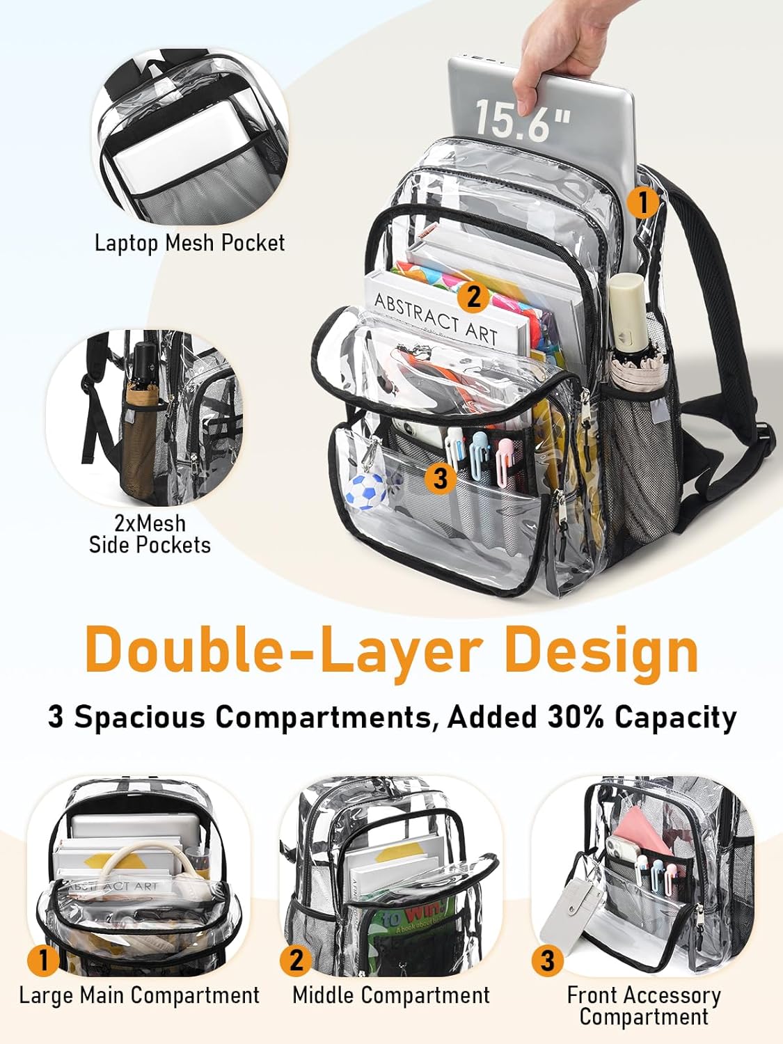 Double Layer Large Clear Backpack, 17 inch Transparent TPU Clear Bookbag, Heavy Duty See Through Backpack for College, Work, Travel, Casual Sport, Black - Image 4