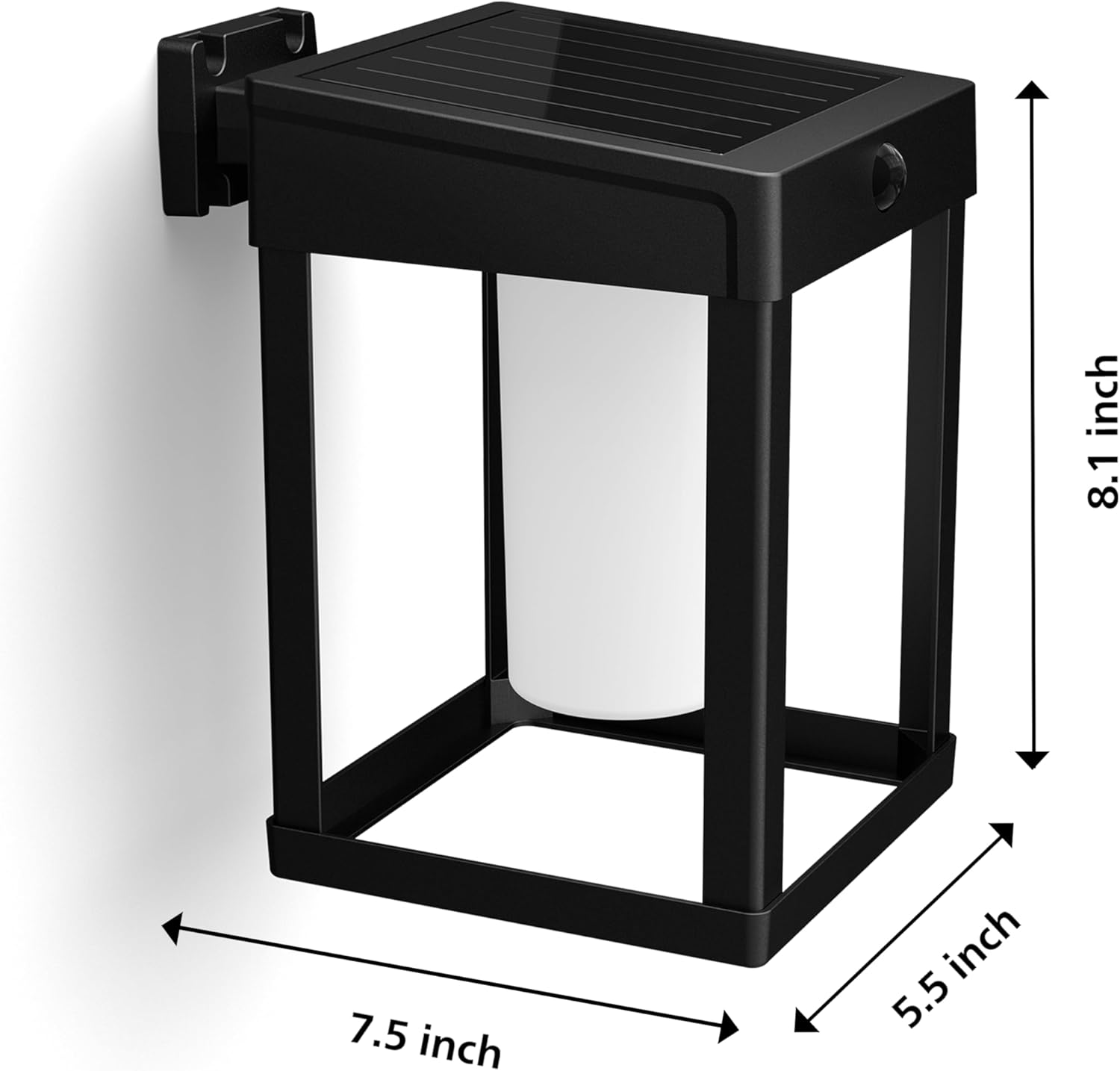 Diagram showing the dimensions of the Philips solar wall lantern: 8.1 inches high, 7.5 inches deep, 5.5 inches wide.