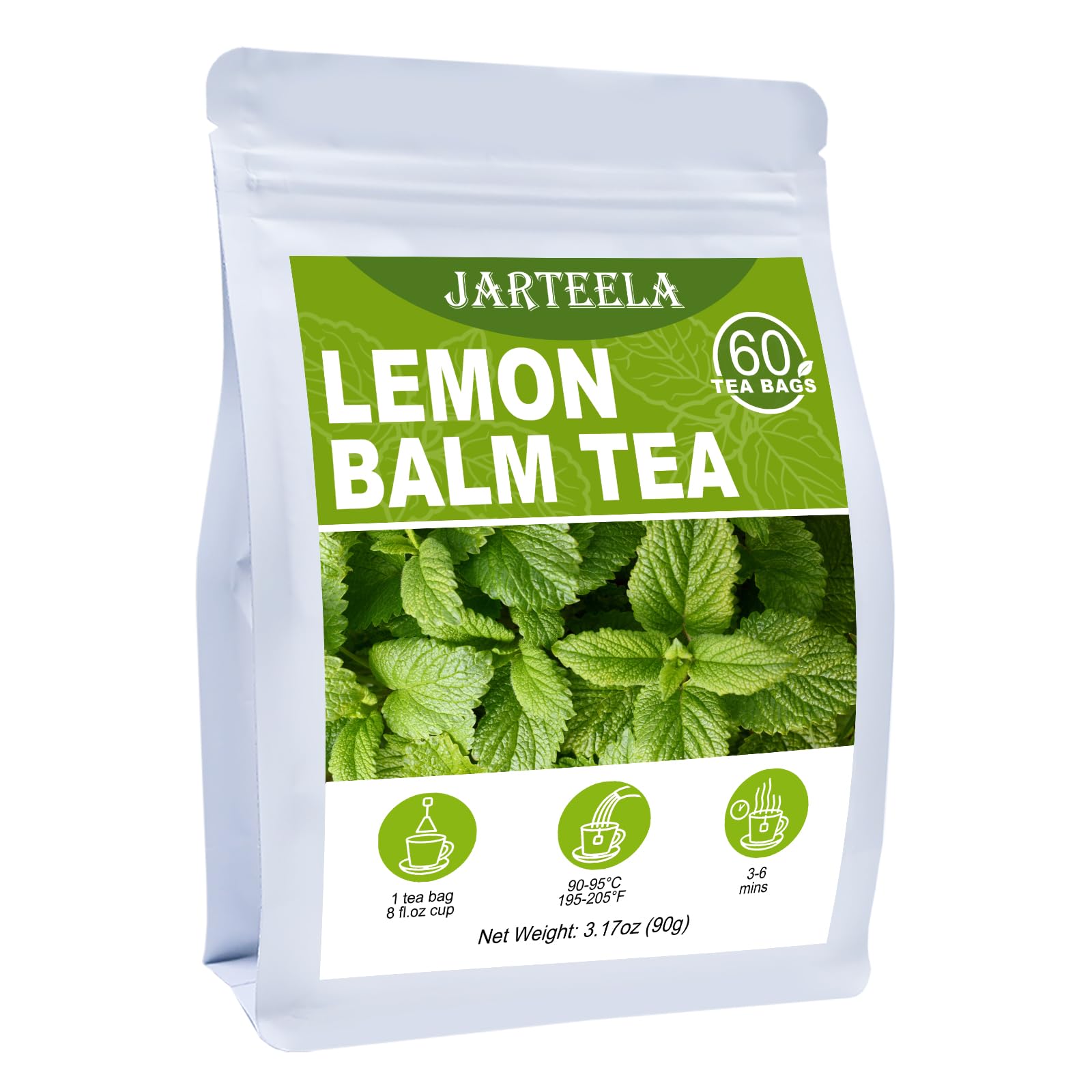 Jarteela Lemon Balm Tea, 1.5g x 60 Count - Natural Melissa Officinalis - Pyramid Herbal Lemon Balm Tea Bags for Digestion - Non-GMO - Caffeine-Free