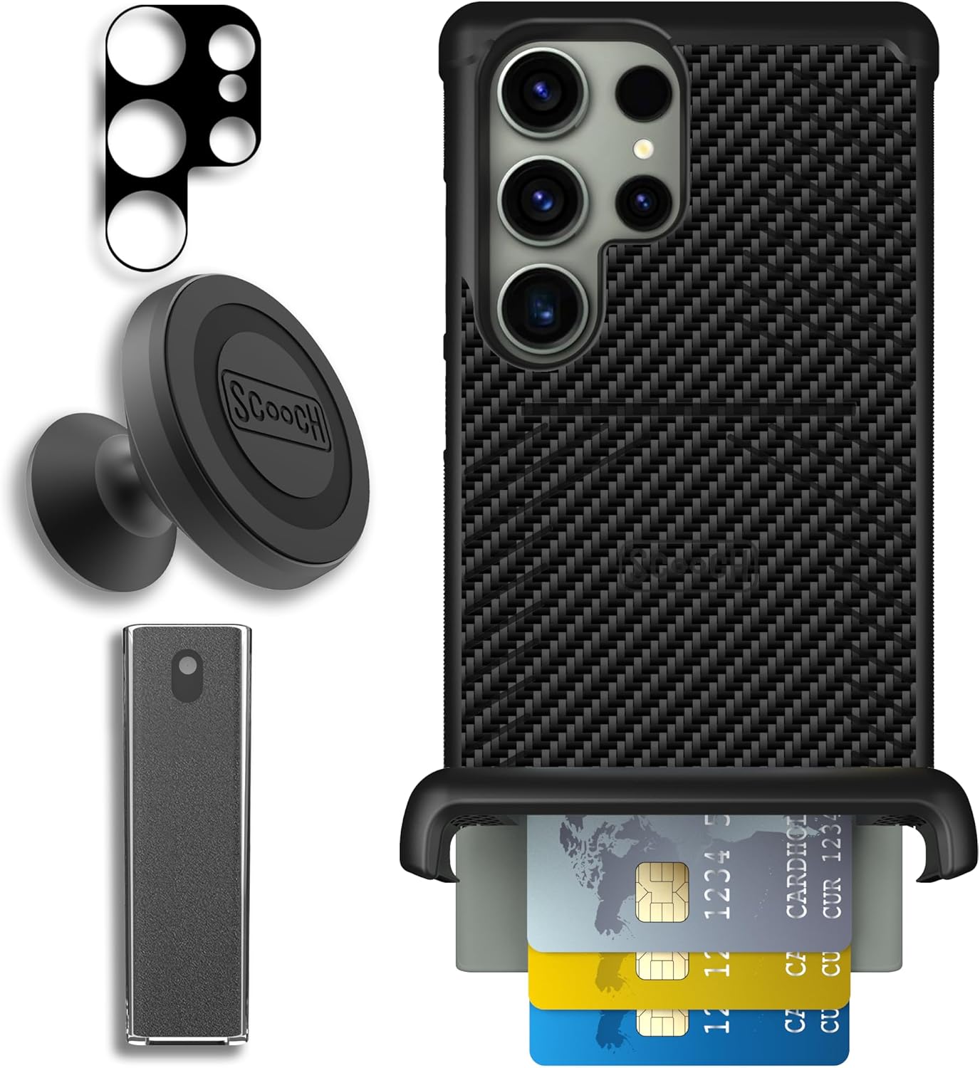 Scooch Wingmate for Galaxy S23 Ultra [Defender Bundle] Camera Lens Protector, Wingmount, Tech Spray (Carbon Fiber)