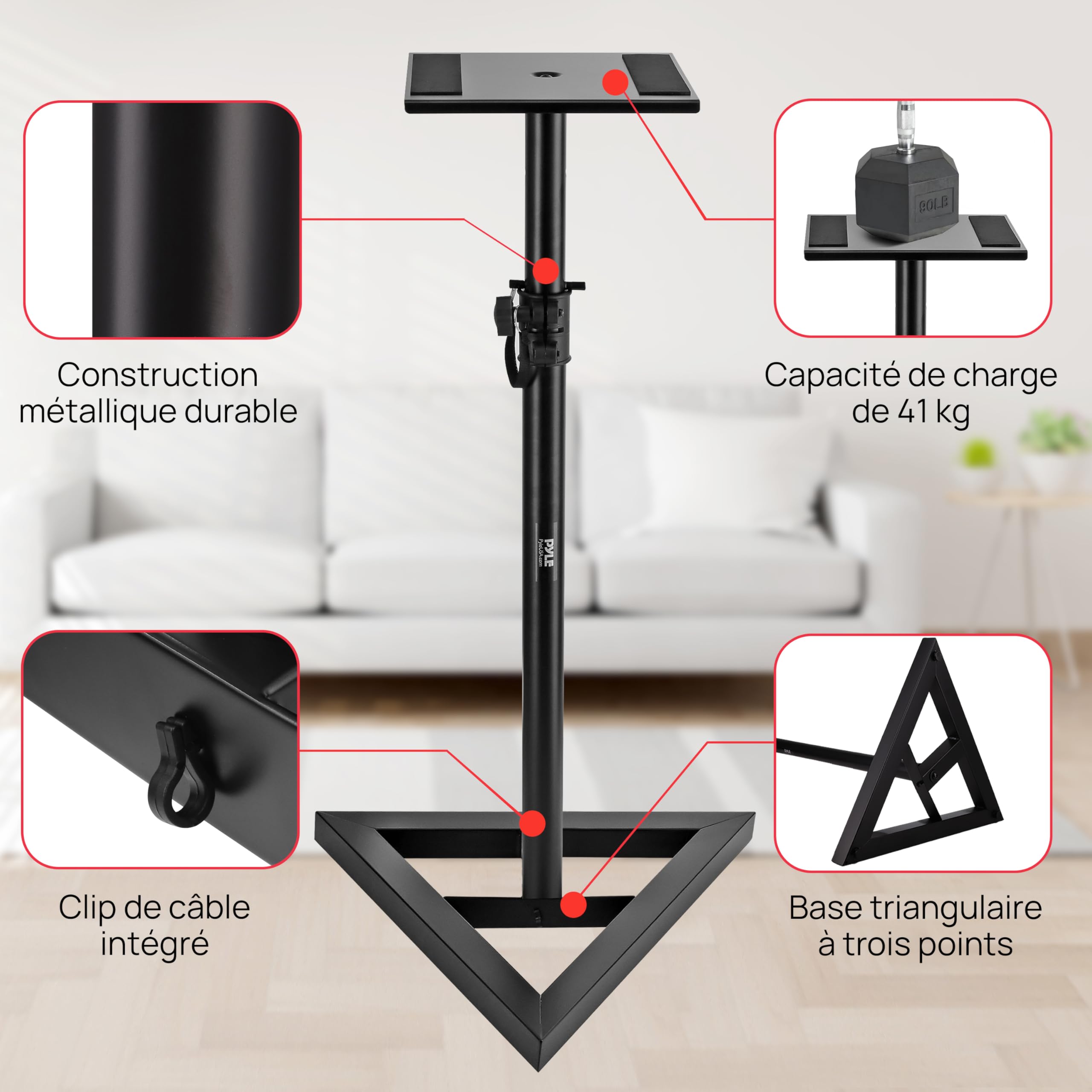 Pyle Support d’Enceinte Télescopique Réglable – Pied de Sol Robuste avec Base Triangulaire à Trois Pointes et Plateau Carré, Noir