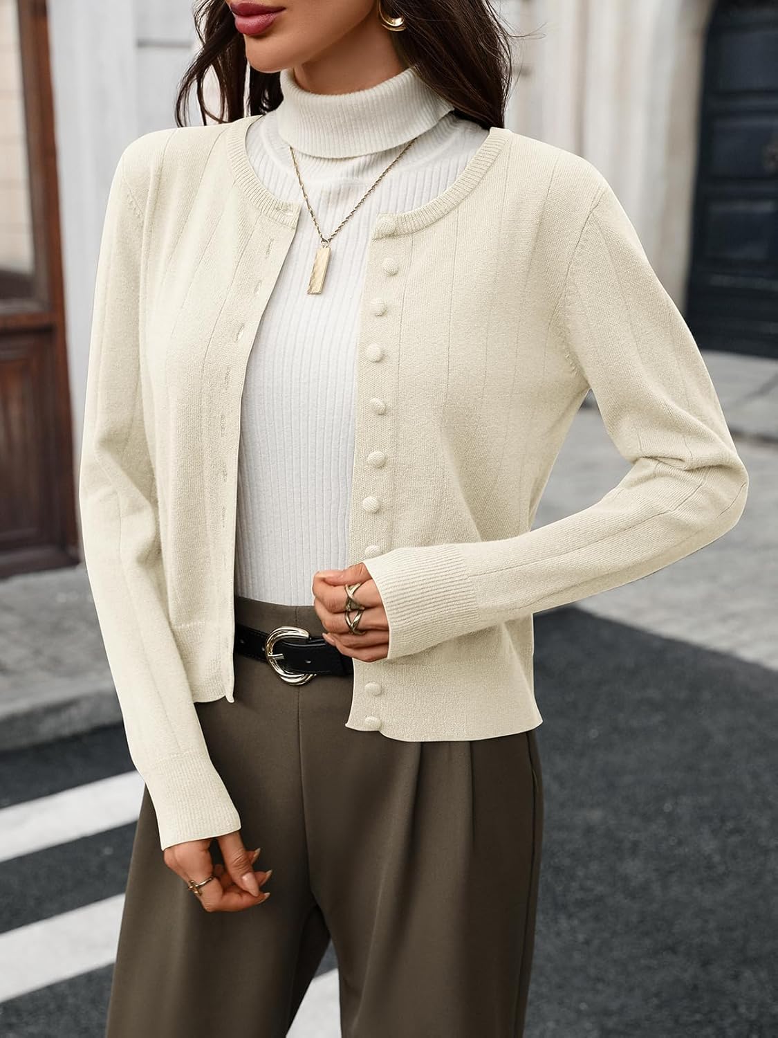 Women's 100% Wool Cropped Cardigan Ribbed Round Neck Button Down Cozy Lightweight Knit Sweater for Office Casual Outfits - Image 2