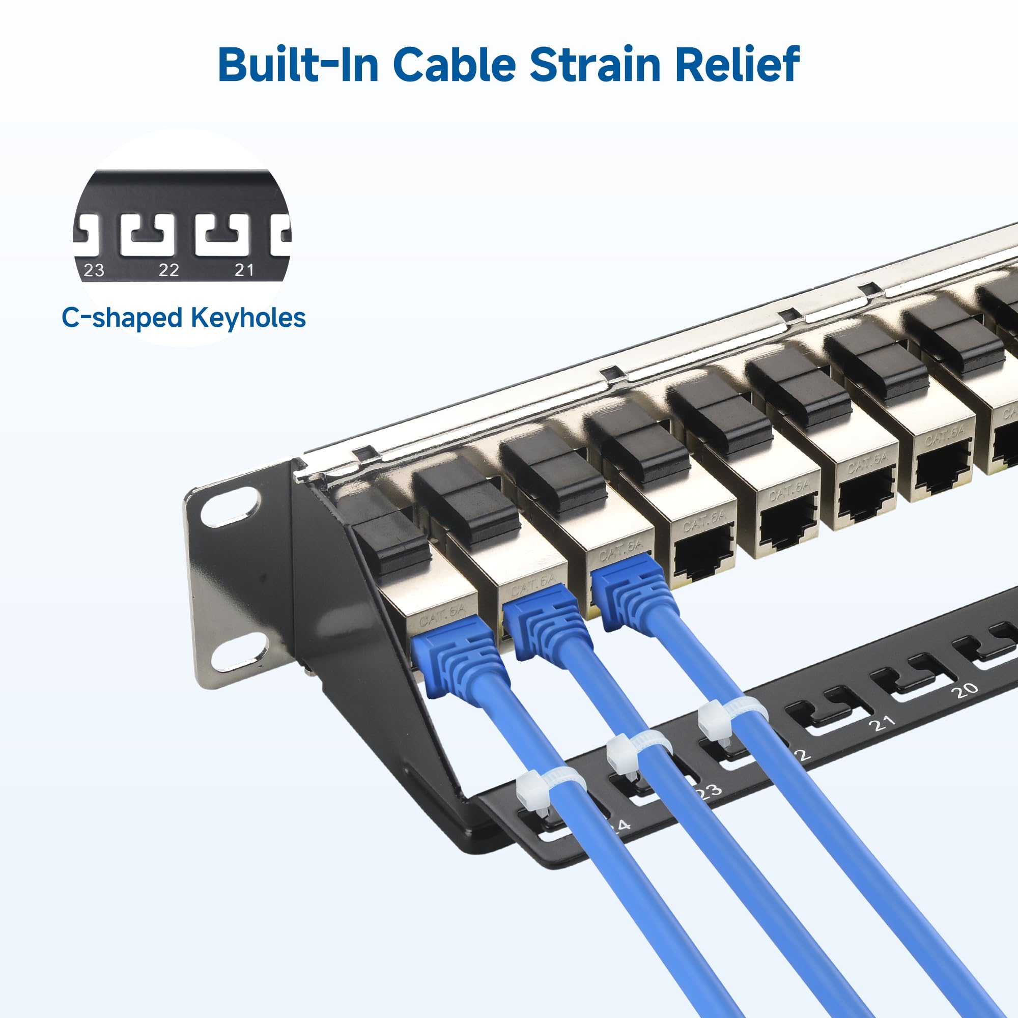 Cable Matters Pannello patch Ethernet Cat6A 1U da 48,9 cm a 24 porte 10 Gbps con Keystone in linea e barra di gestione dei cavi, pannello patch di rete per montaggio a rack o a parete / Patch Panel