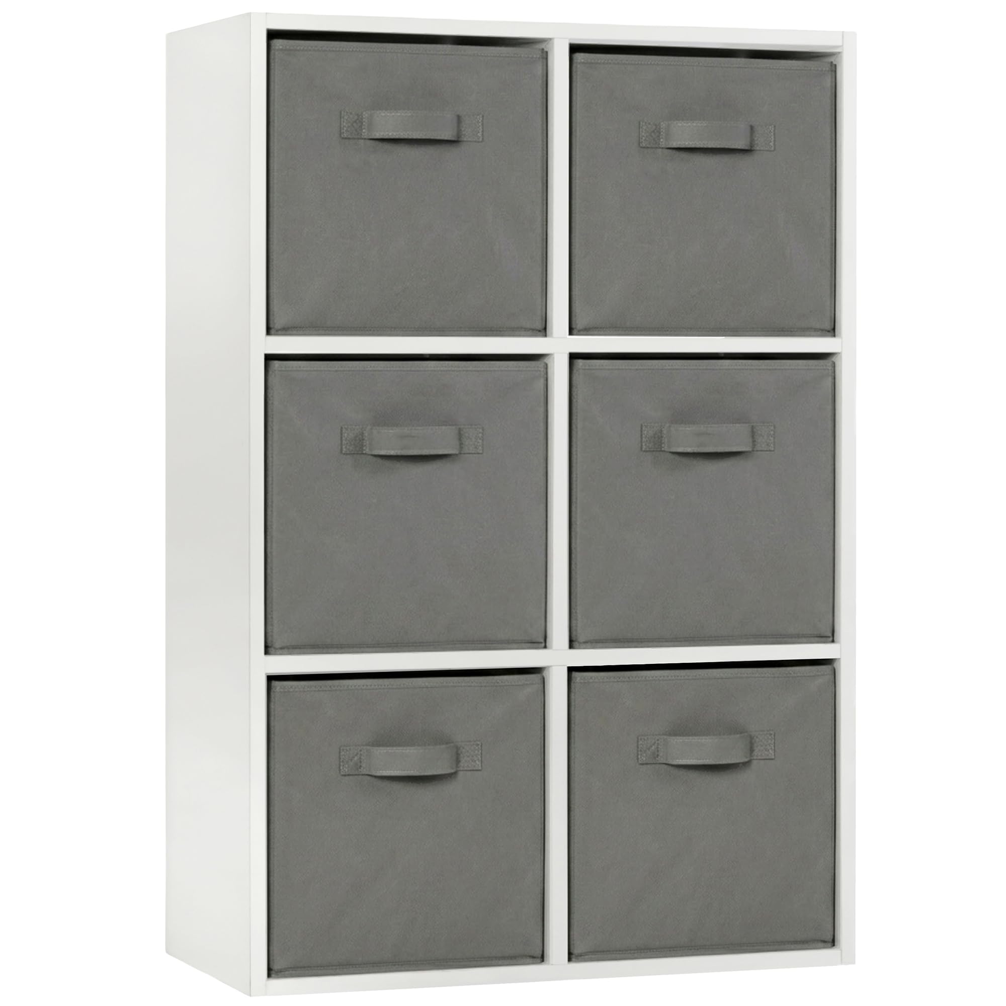 Charles Jacobs Modern White 6 Cube Storage Shelving Unit + 6 Grey Fabric Drawers