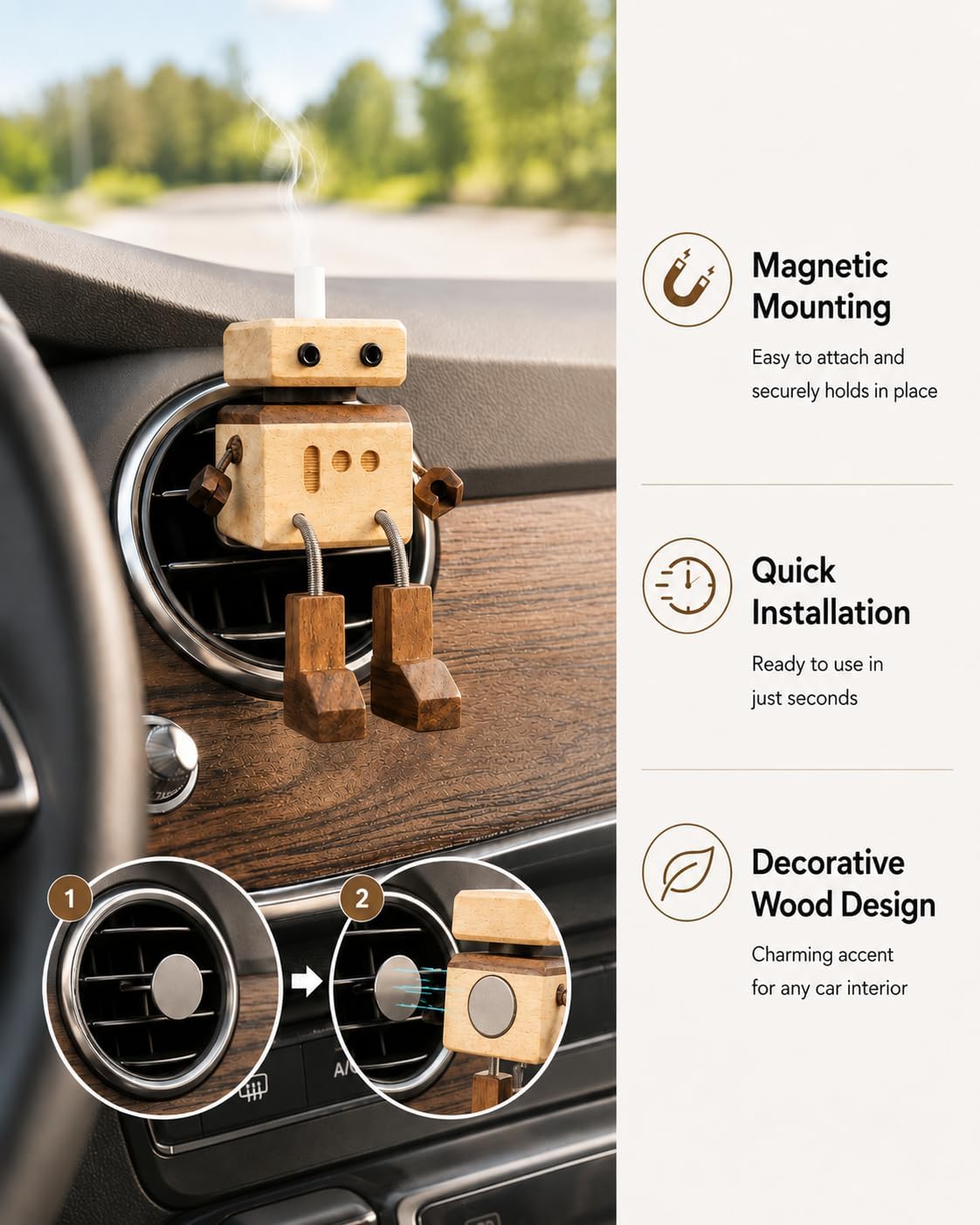 Car Air Freshener Wobbly Wooden Doll – Reusable & Refillable Linden Wood Car Diffuser Ornament, Handmade Shaking Feet Dashboard Decoration, Add Any Fragrance, 3 Scents (Lavender, Hilton & Jasmine)