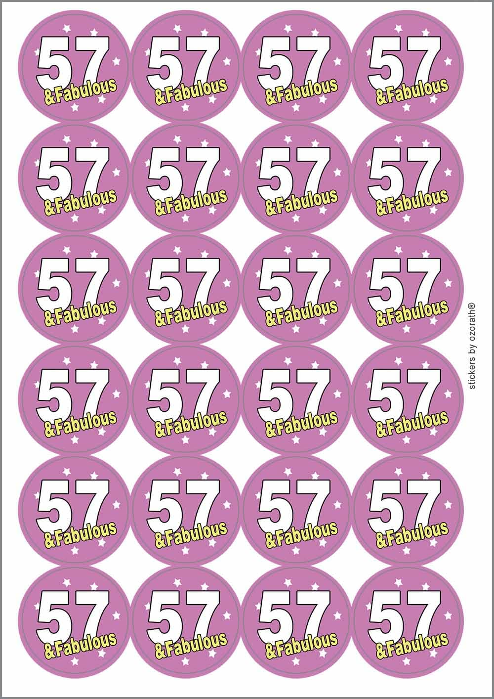 57 Fifty Seven Seventh 57th Fabulous Birthday Circular Matt Paper Stickers A4 Sheet of 24 (Each Sticker is 45mm Diameter)