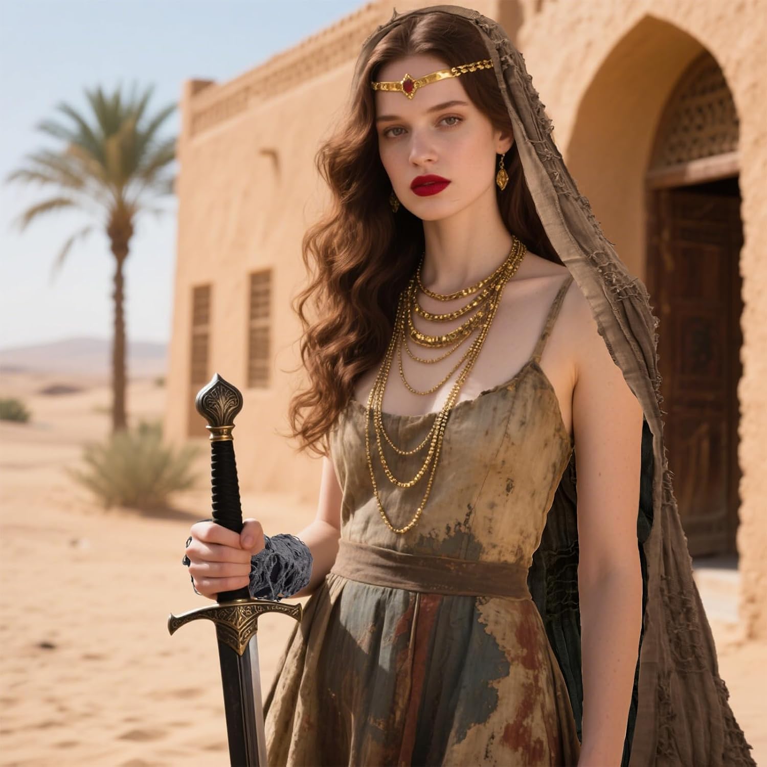 Desert Costume Hooded Shawl Scarf with Viking Brooch & Punk Gloves, Renaissance Fair Tattered Shoulder Cape