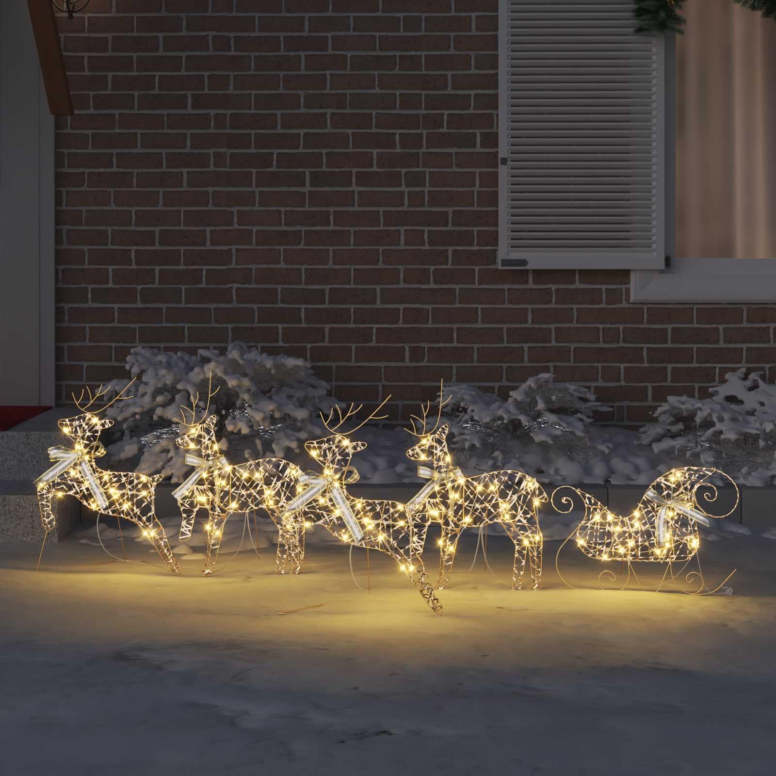 LED Rentiere mit 40 LEDs, 5-teiliges Set aus Gold PET, 44 x 18 x 65,5 cm, USB betrieben, Weihnachtsbaumschmuck und festliche Dekoration für Innen und geschützte Außenbereiche, Art-Deco Stil