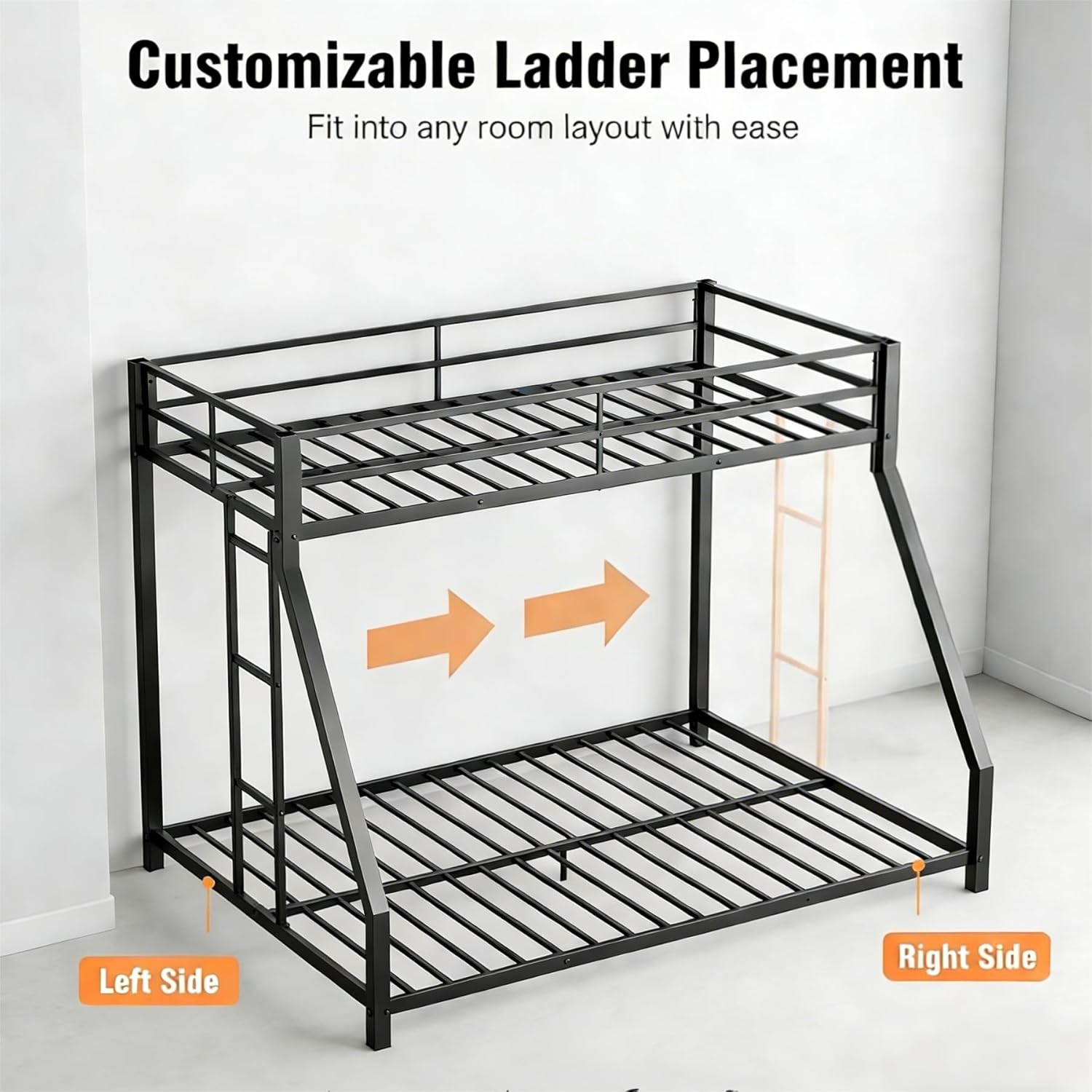 Twin XL Over Queen Bunk Bed, Heavy Duty Metal Bed Frame with Reversible Anti-Slip Ladder, Low Bunk Beds with Full-Length Guardrails & Anti-Tip Device, Noise-Reducing Pads, No Box Spring Needed, Black | Reversible Ladder, All Ages Fit, Heavy Duty, No Box Spring Needed, Solid Construction