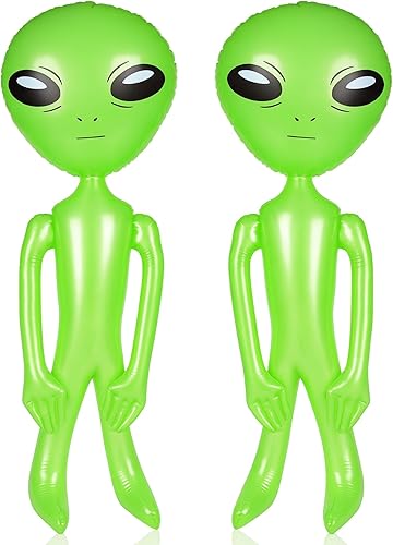 ArtCreativity Alien inflable verde, juego de 2, decoraciones del espacio exterior, juguetes inflables OVNI de 34 pulgadas, decoraciones de fiesta de