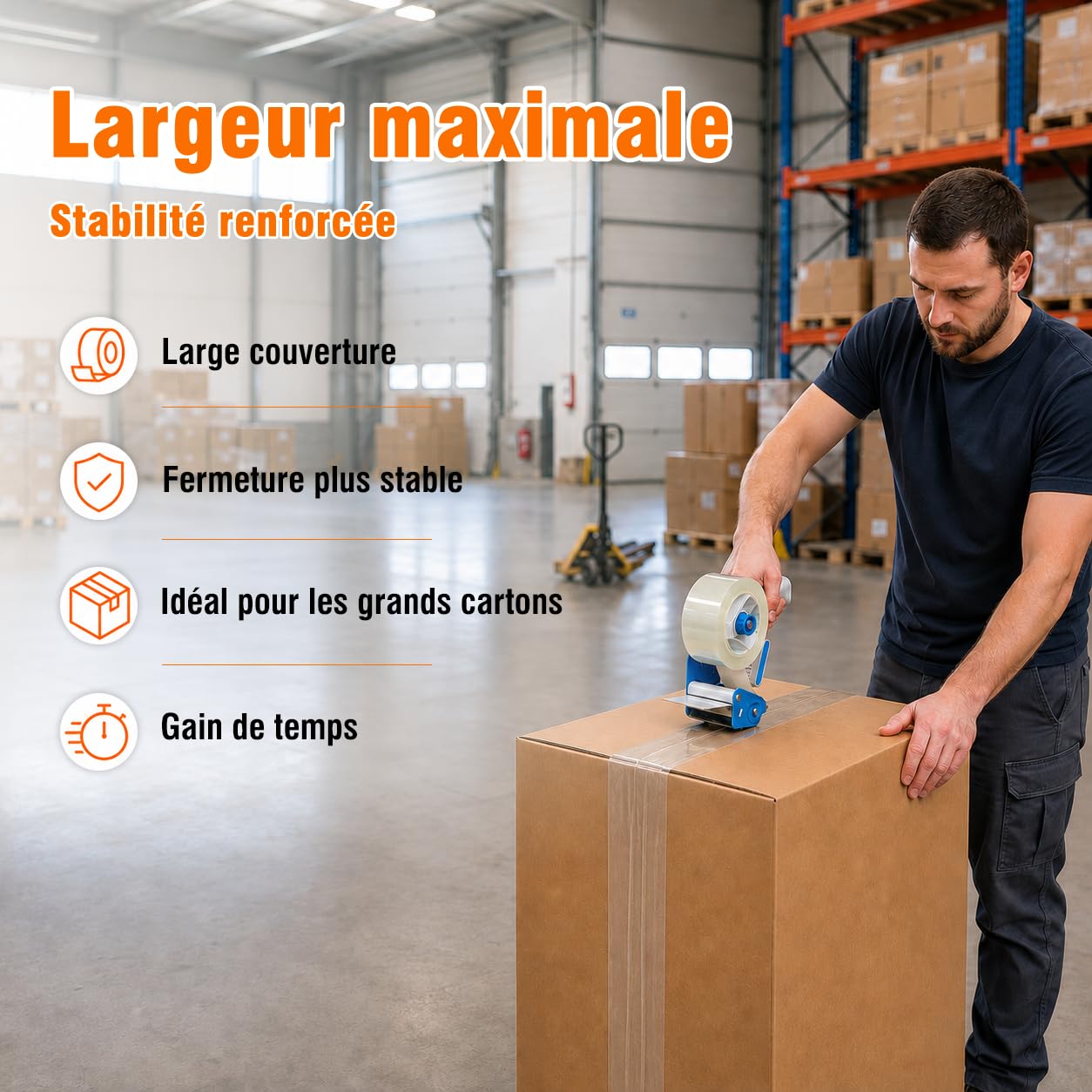 Lot de 24 Rubans Adhésifs Transparents 75 mm x 100 m, 28 Microns, Ruban d’Emballage Large pour Cartons Volumineux, Logistique et Entrepôt, Dévidoir Métallique Inclus