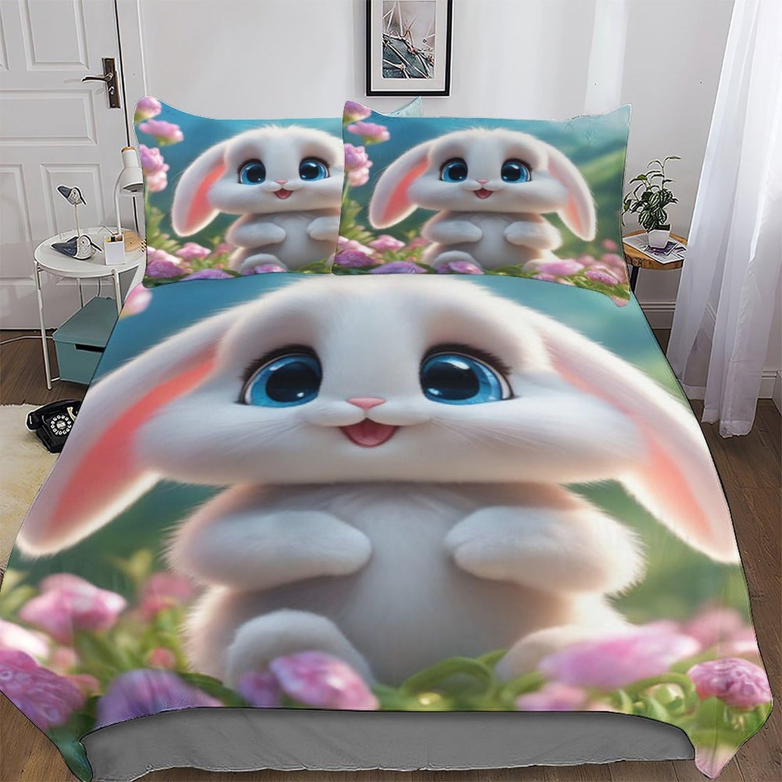 Pazzk Cute Rabbit 2-Pc Duvet Cover Set, Kids & Adults Bedroom Quilt Cover, Soft Microfiber 3D Bedspread, Single (135X200cm)
