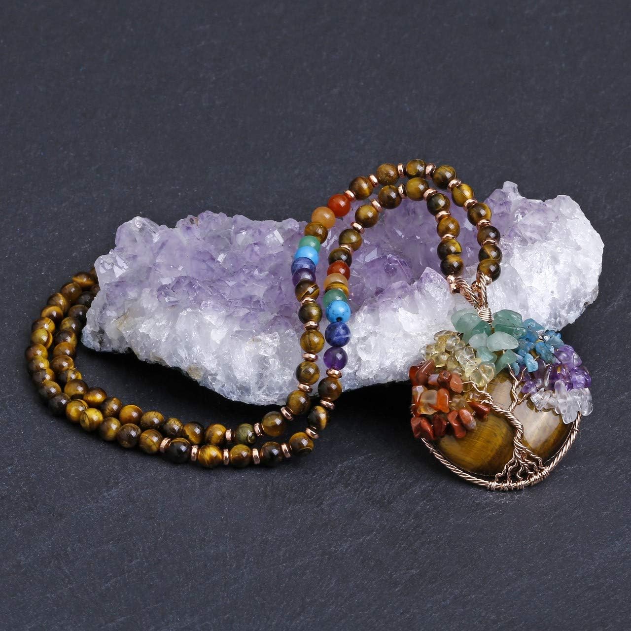 Jovivi 7 Chakra Gemstone Reki Healing Crystal Necklace Round Circle Shape Ammonite Fossil Resin Chip Stones Pendant Necklace for Women Men Life Tree Jewelry Christmas Gifts - Image 2