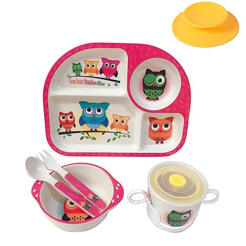 Shopwithgreen - Juego de 5 piezas de fibra de bambú para la comida de los niños plato, tazón, taza, cuchara y tenedor decoración de dibujos