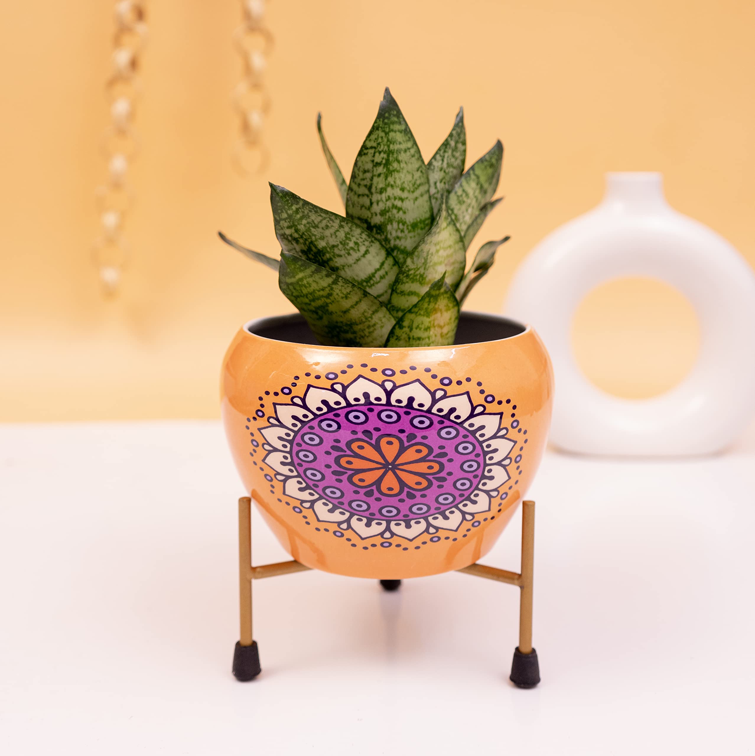 KYARI Decorative Rangoli Design Planter Pot with Tripod Metal Stand for Home and Garden Use | Rust Free Gamla/Vase | Size: H 10 * 13 cm; Stand H 7 cm | Single Set | Plants Not Included (B09Y999JZ9) Amazon Price History, Amazon Price Tracker