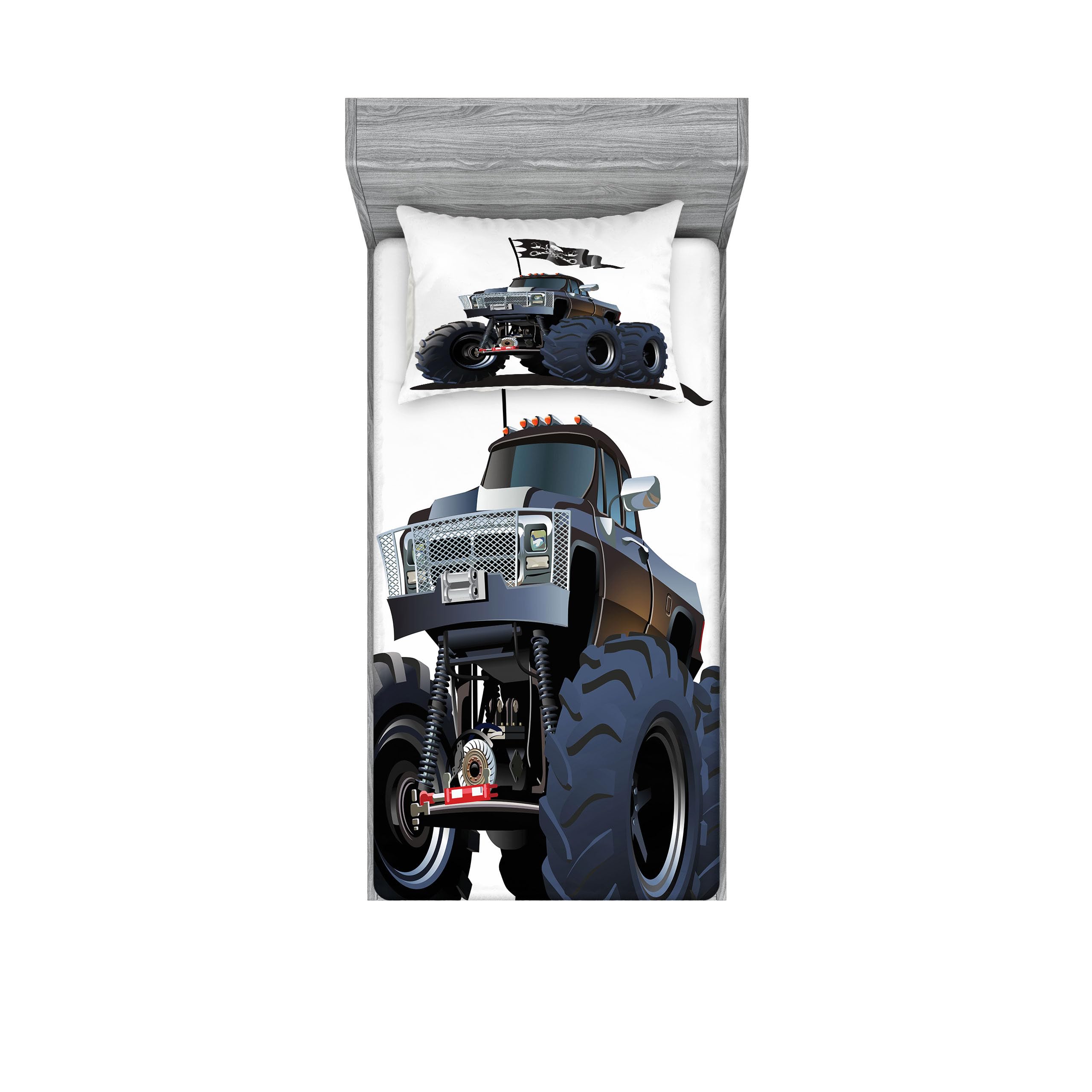 Ambesonne Cars Fitted Sheet & Pillow Sham Set, Popular Large Suspension Monster Truck Dead Skull Pirate Flag Off to Road Art, Decorative Printed 2 Piece Bedding Decor Set, Twinxl, Night Blue