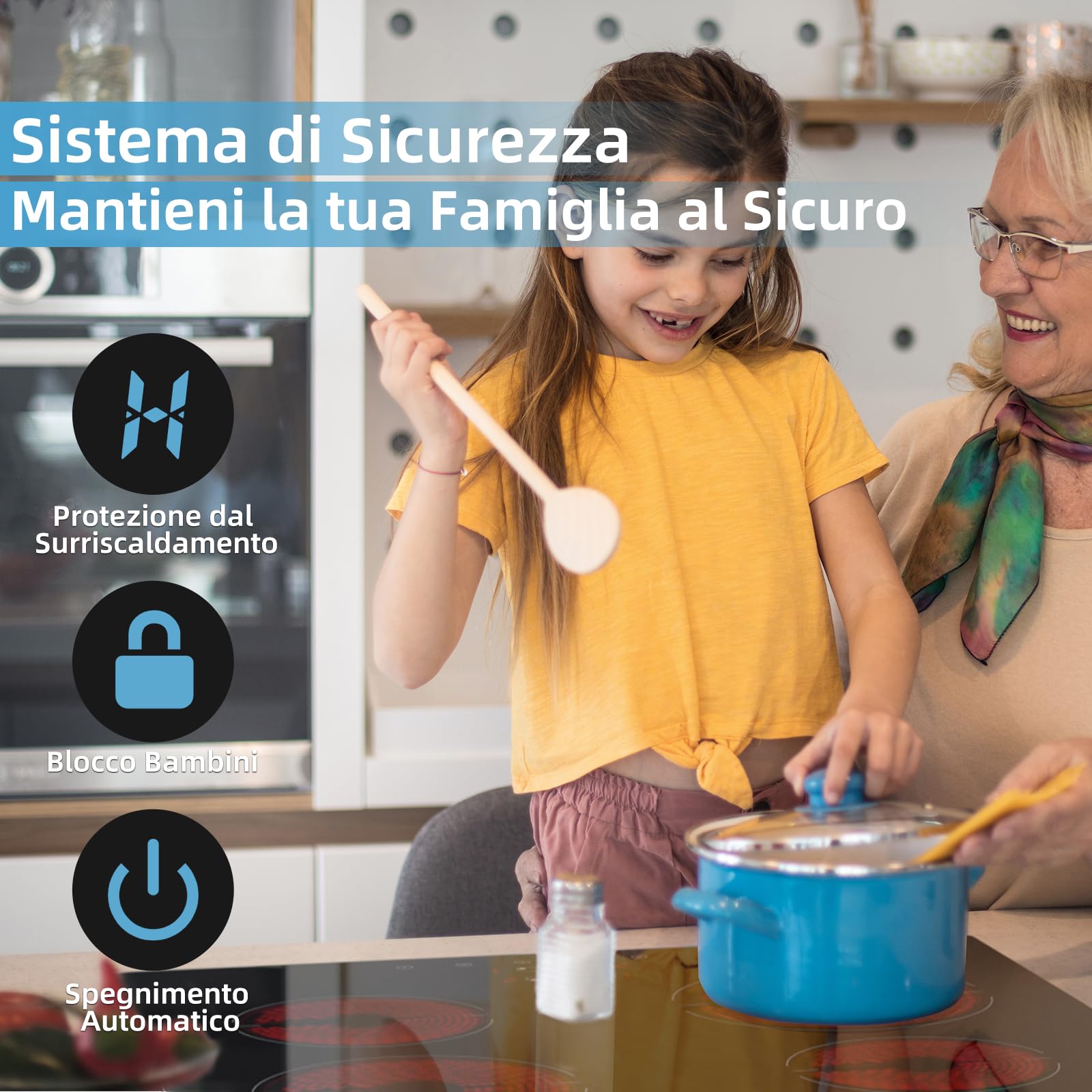 WEHIMO Piano Cottura in Vetroceramica 4 Fuochi, Piano Cottura Elettrico, 59cm, 6000W, 4 Zone di Cottura, 9 Livelli di Riscaldamento, Timer, Controllo Tocco, Sicurezza Bambini