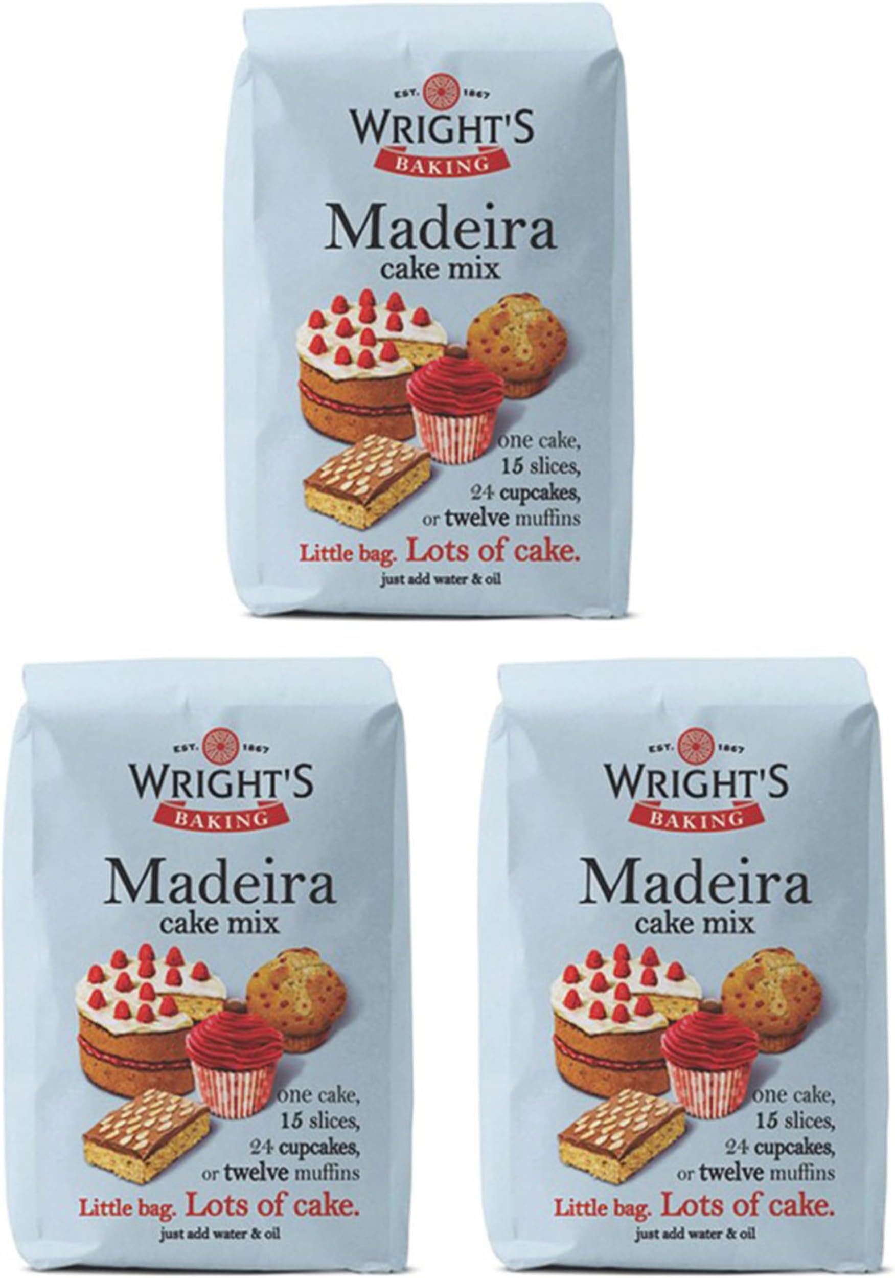 Wright's Madeira Cake Mix 3X500g which has a subtle buttery and vanilla flavour, can be used to bake light & moist cakes, slices, muffins or cupcakes (NP)