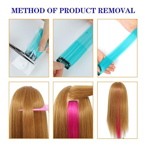 Miniatura 5 de 10 extensiones de cabello de color azul zafiro, extensiones sintéticas rectas de 22 pulgadas con clip, ideales para mujeres, niños y niñas, para