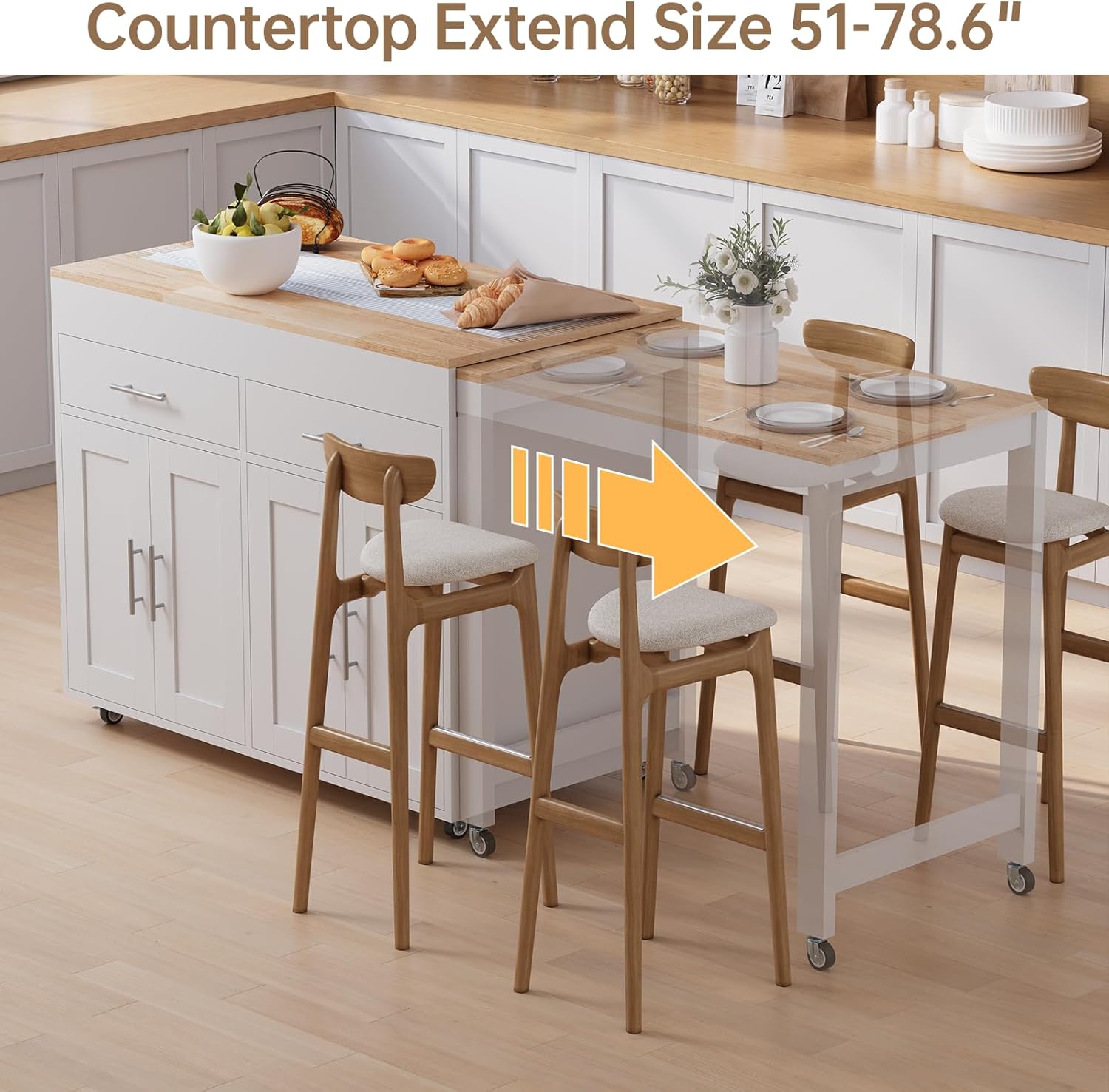 78" Rolling Kitchen Island with Extendable Dining Table, Mobile Island with Storage for 4, Farmhouse Wood with 4-Door Cabinet for Kitchen Dining Room, White