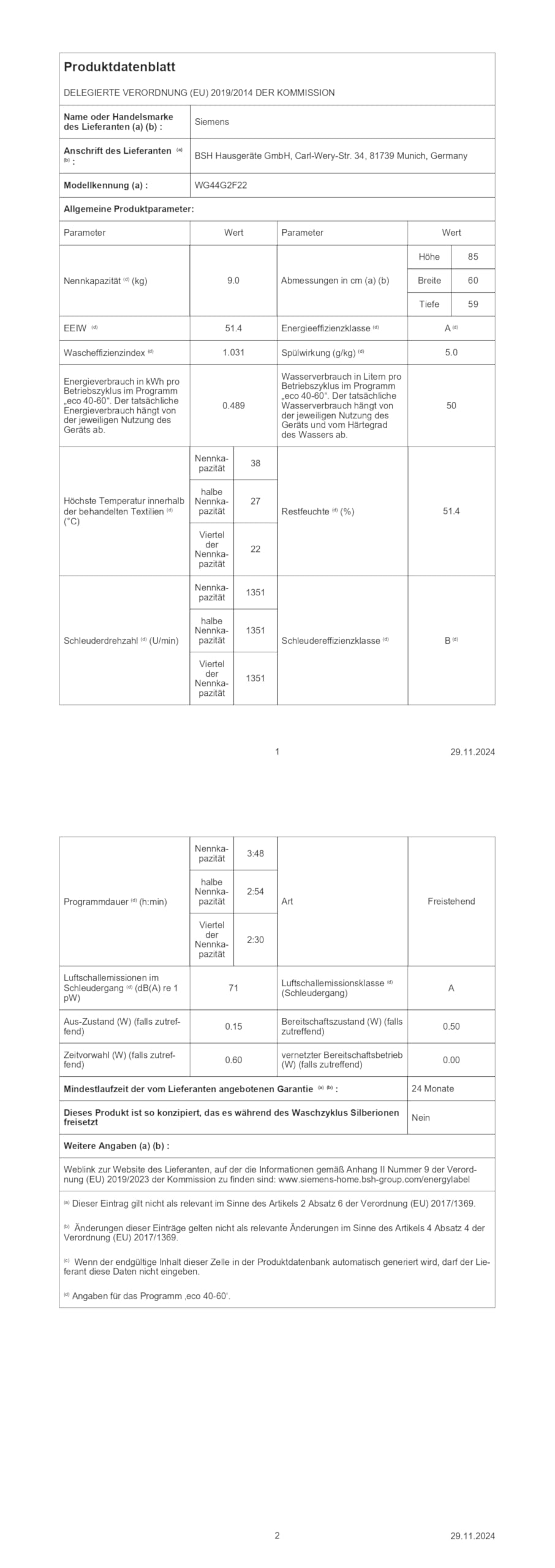 Siemens iQ500 WG44G2F22 Waschmaschine 9kg 1400 UpM i-Dos Antiflecken-System speedPack L waterPerfect Plus