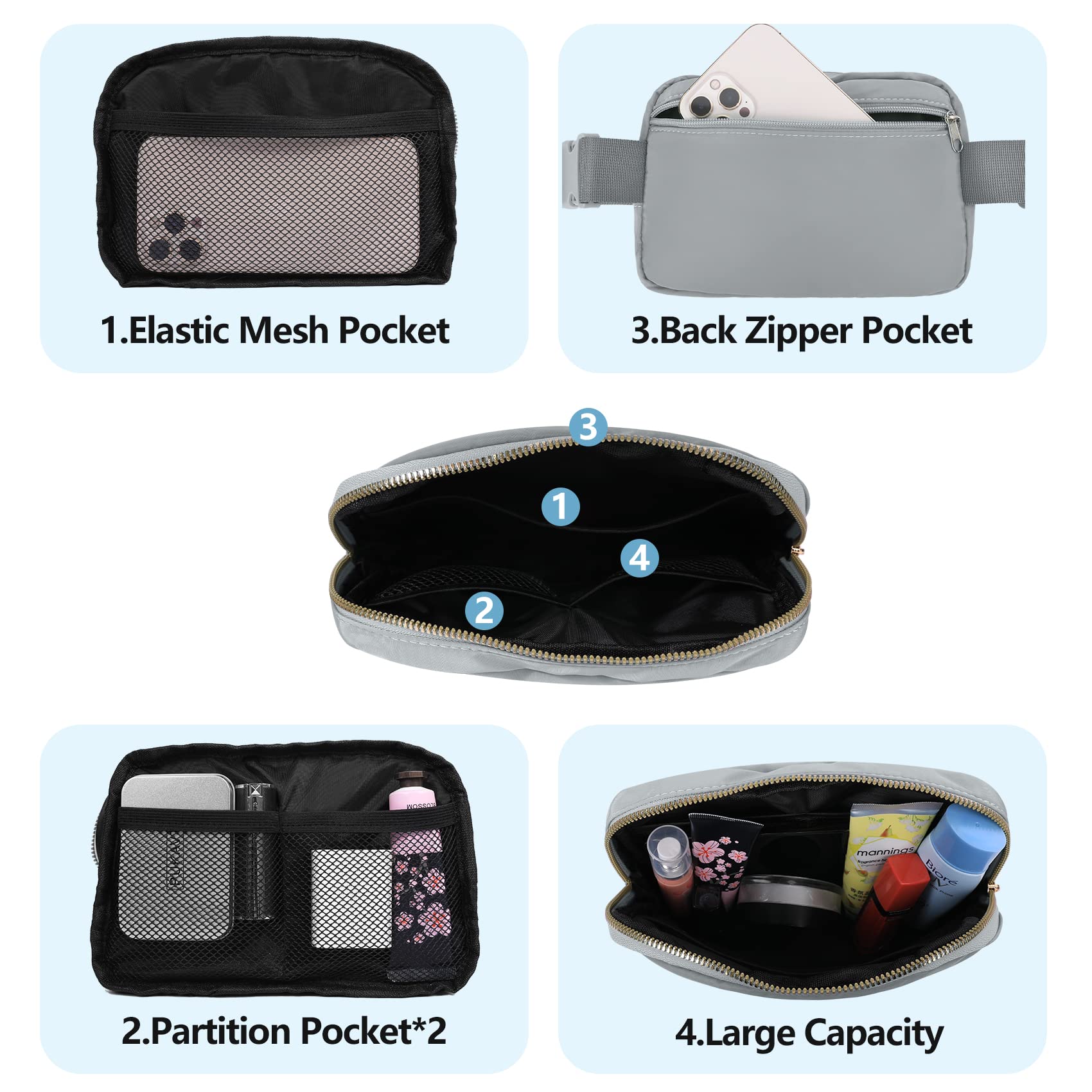 Riñonera para correr para mujeres y hombres, bolsa cruzada con correa ajustable para senderismo, entrenamiento, deportes, viajes, Negro y gris claro., Universal