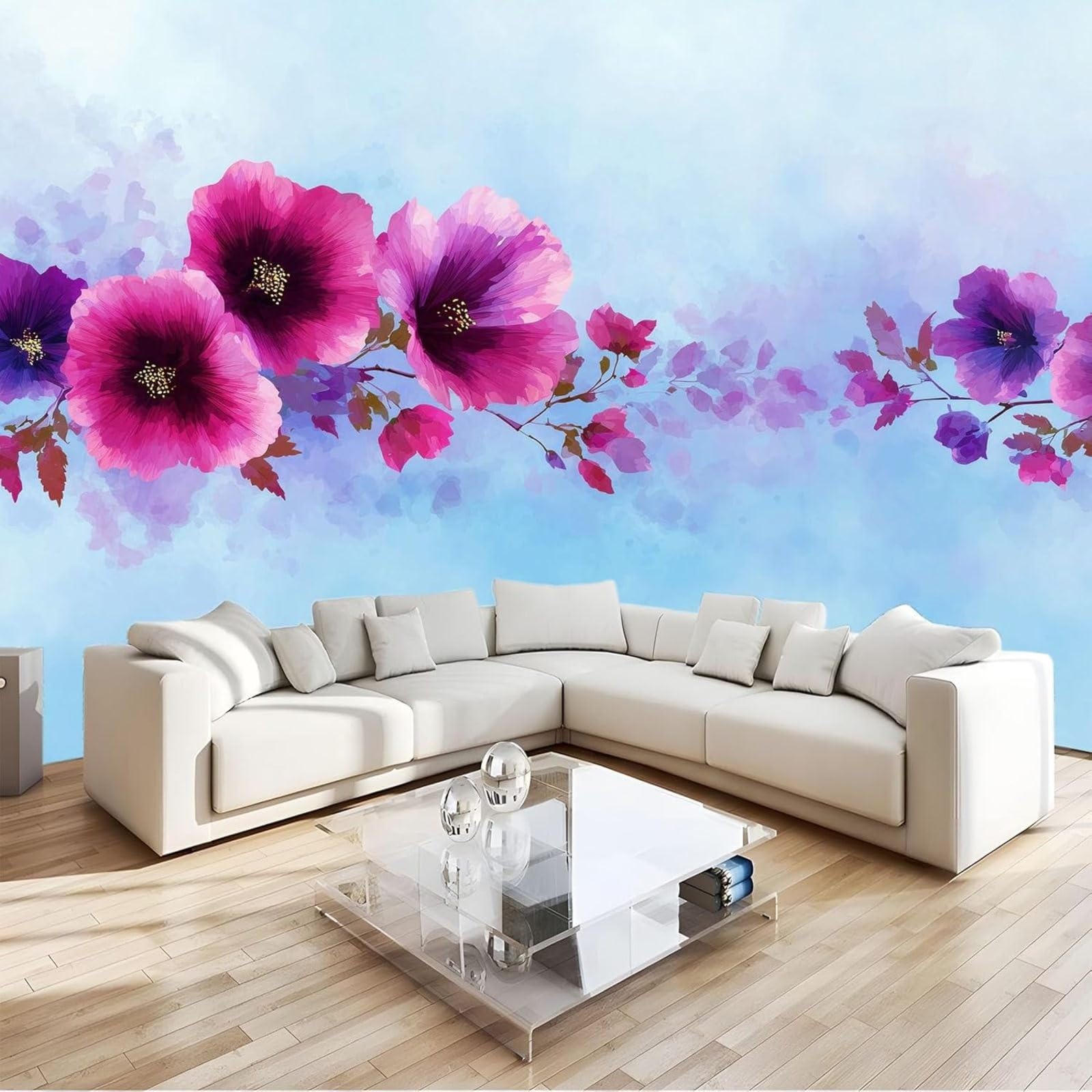hgjdjhnf Non-Woven Photo Wallpaper, Watercolor Hibiscus Flowers, wall Mural, wall Covering, wall Decoration, Living Room, Bedroom, Apartment, wall Art, Light Blue, 350cm x 256cm