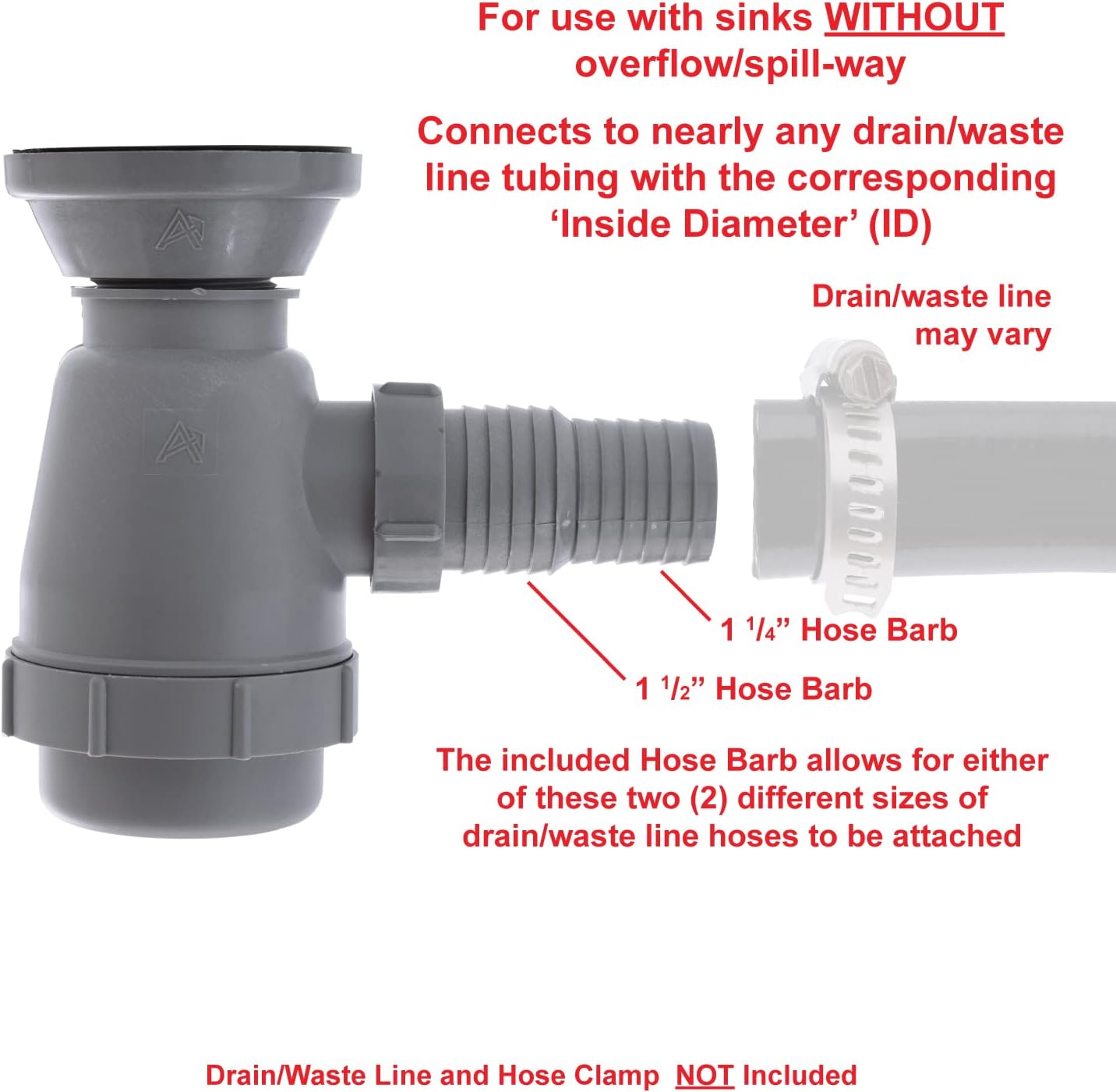 Ambassador Marine - 2 inch Drain, Trap Sink Drain, 1-1/4 inch & 1-1/2 inch Hose Barb, w/Chain Stopper - Ultra-Mirror Finish - S00-0109-UP-W