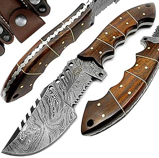 Best.Buy.Damascus1 Rose Wood 9.5'' Fixed Blade Custom Handmade Damascus Steel Tracker Hunting Knife Brass Pins Spacers Unique Beautiful File Work On Handel Come With Leather Sheath Prime Quality - Best.Buy.Damascus1
