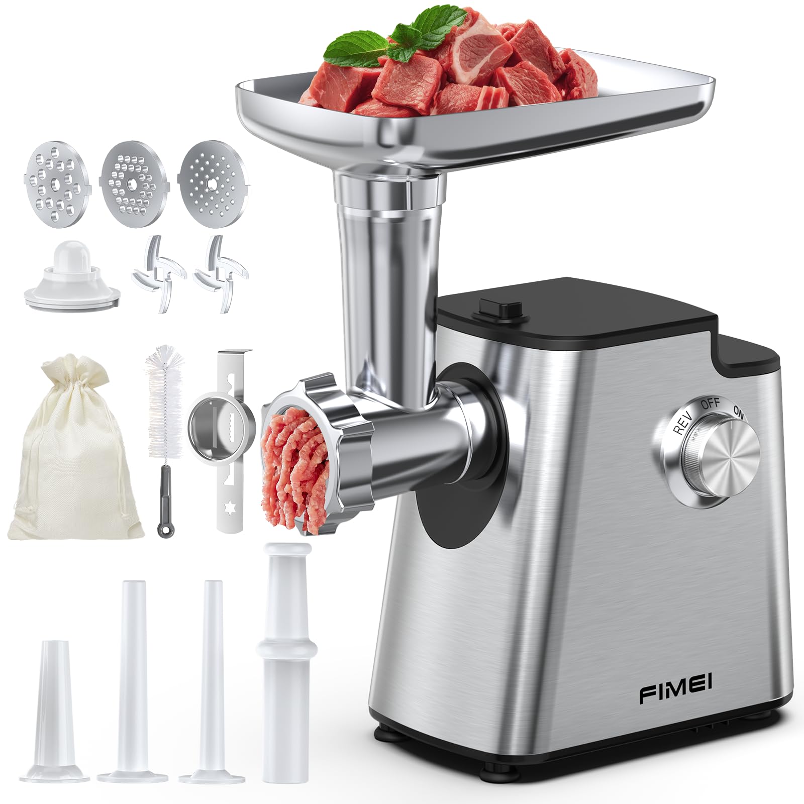 FIMEI Hachoir à Viande Électrique, 4-en-1 avec 3 Grilles, 2 Lames | 3 Embouts à Saucisse, Kit Kibbe, Accessoire à Pâtisserie, Inversion anti-blocage, Base en Acier Inoxydable & Antidérapante