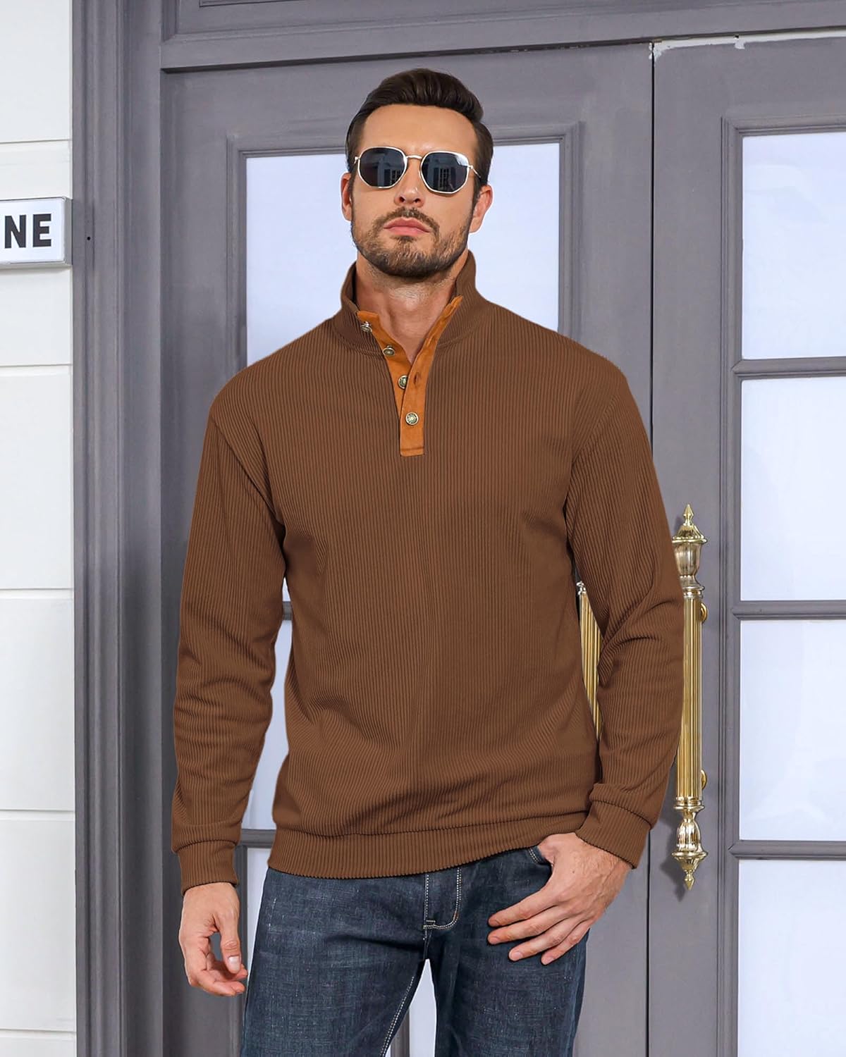 Lexiart Men's Casual Corduroy Sweatshirt Long Sleeve Thermal Stand Collar Button Pullover Sweatshirts - Image 3