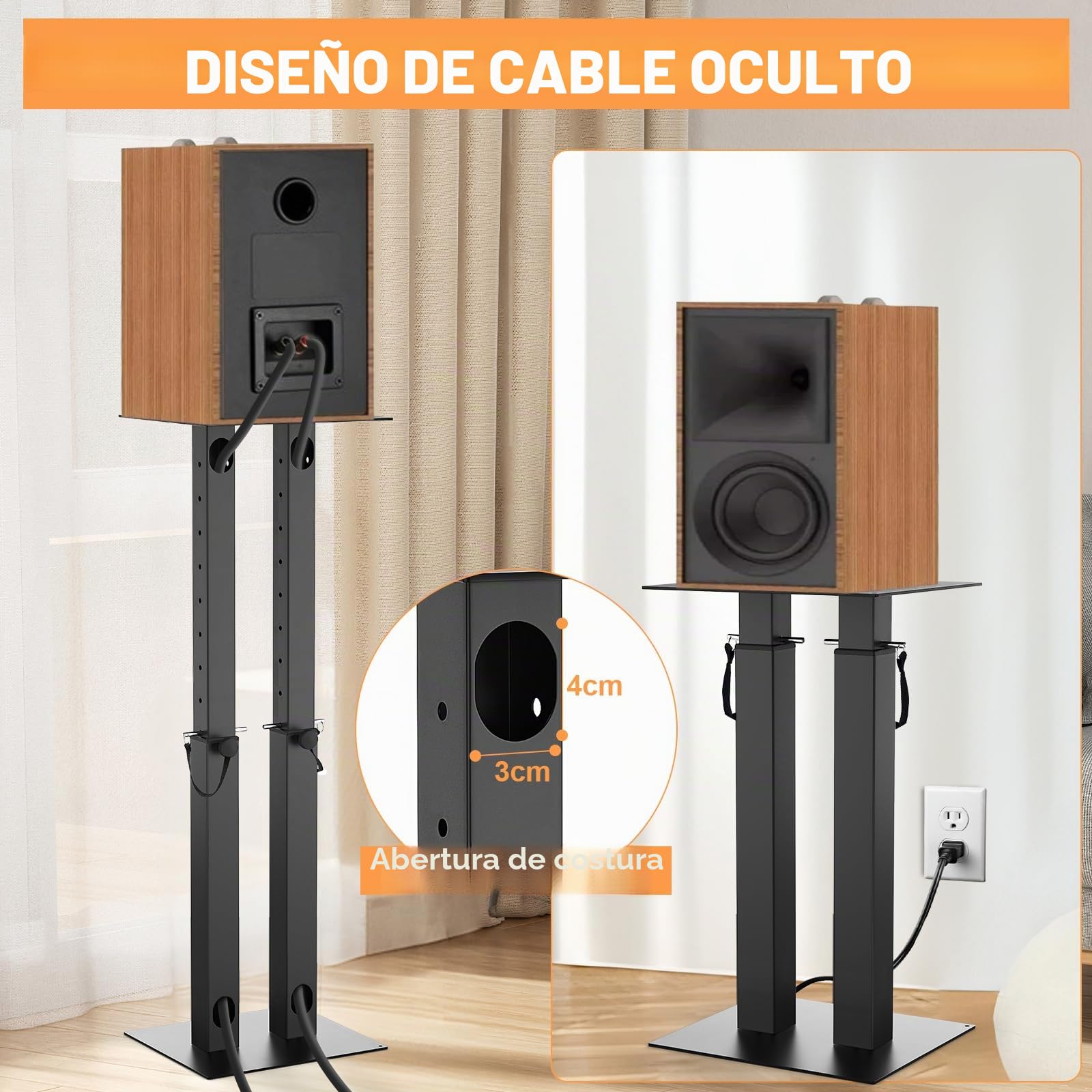 OUUTMEE Soportes de altavoces de altura ajustable con gestión de cables, juego de 2 soportes para altavoces de suelo con alfombrillas de EVA antideslizantes, soporte de altavoz de doble tubo para