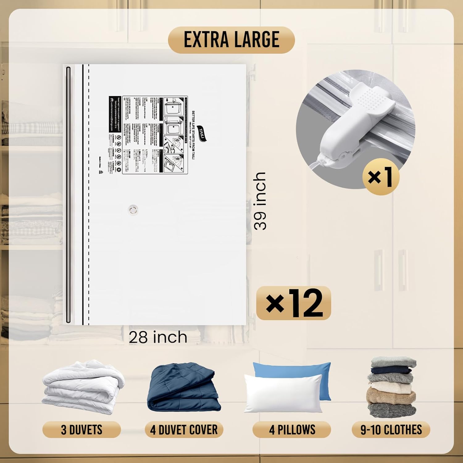TAILI 12 Pack Vacuum Storage Bags, LONG SIDE ZIP (39x28 inch) Vacuum Seal Bags for Clothing, Jumbo Storage Space Saver for Beddings, Comforters, Blanket, Pillows and Clothes - Image 3