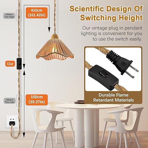 Miniatura 5 de Luces colgantes de granja con cable enchufable, cable de luz colgante de cuerda de cáñamo rústica de 16.7 pies, 9.1 x 3.9 in, cuerda de cáñamo