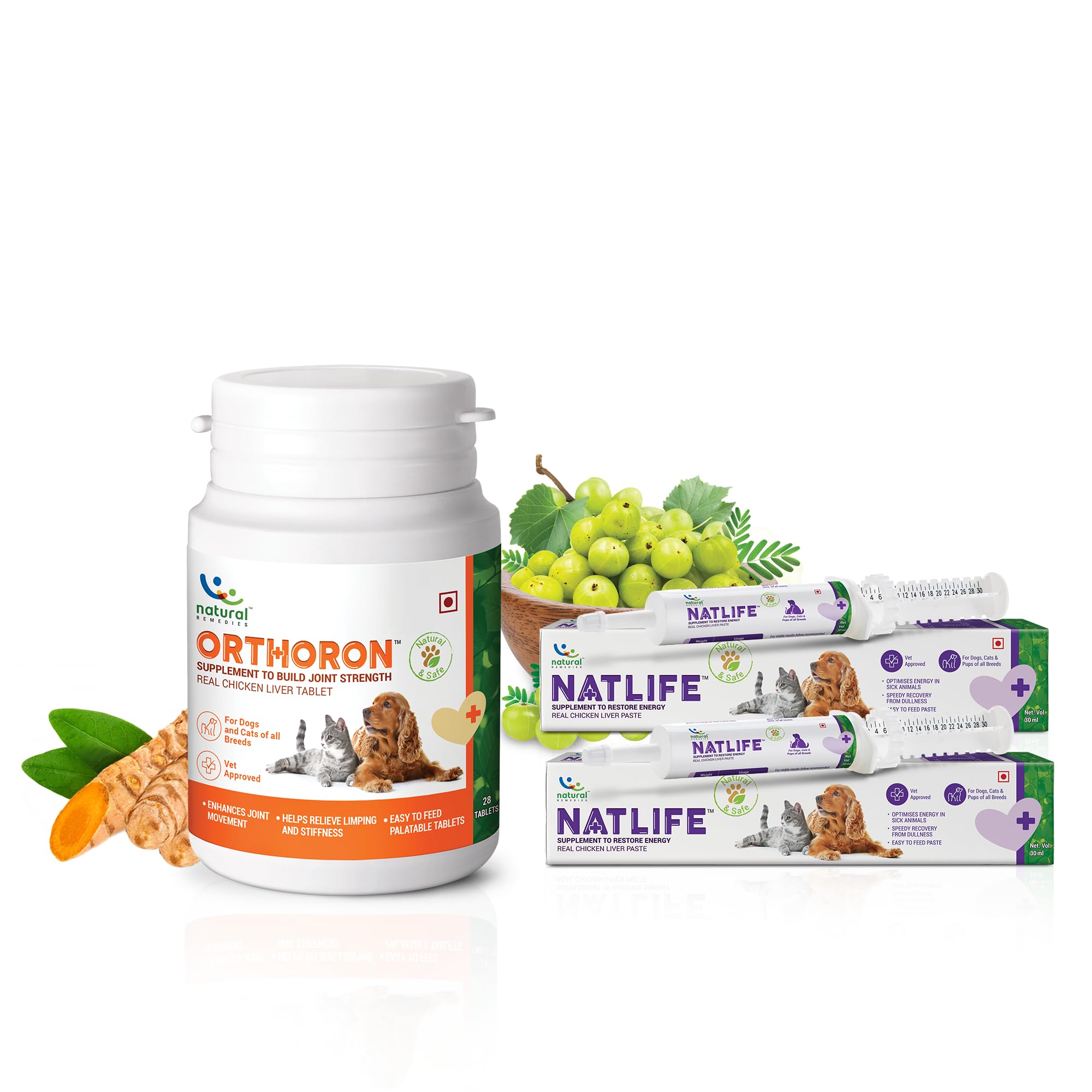 Natural Remedies Orthoron Supplement to Build Joint Strength, 28 Tablets & Natlife Supplement to Restore Energy, Real Chicken Liver Paste (2 X 30 ml) for Dogs, Cats & Pups - Combo Pack of 3