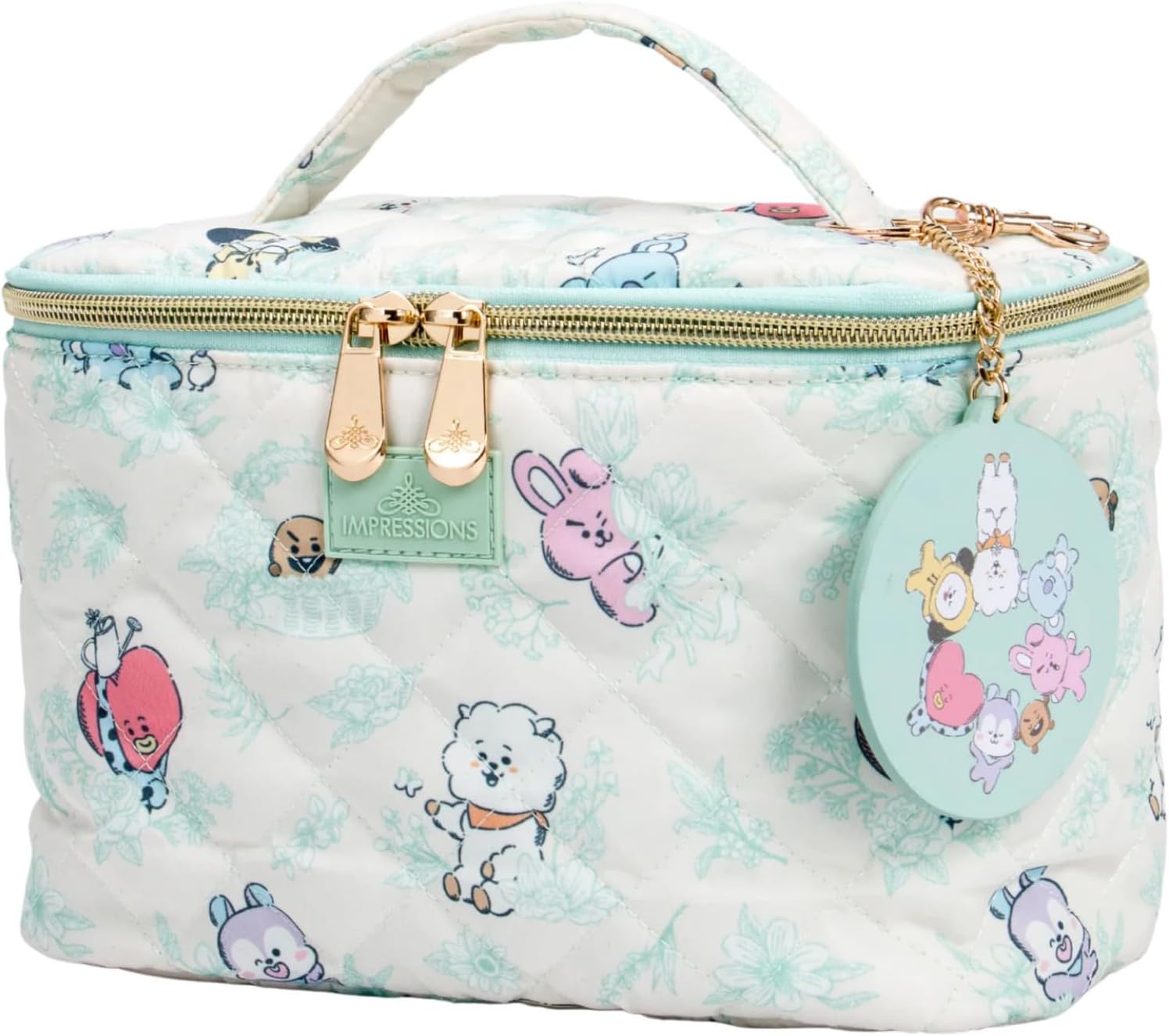 Impressions Vanity BT21 Quilted Train Case with Removable Mirror Keychain, Slip Pocket Makeup Bag Organizer with Top Handle Carry Strap, 4 Brush Slots Travel Makeup Bag for Women with Gold Hardware - Image 3