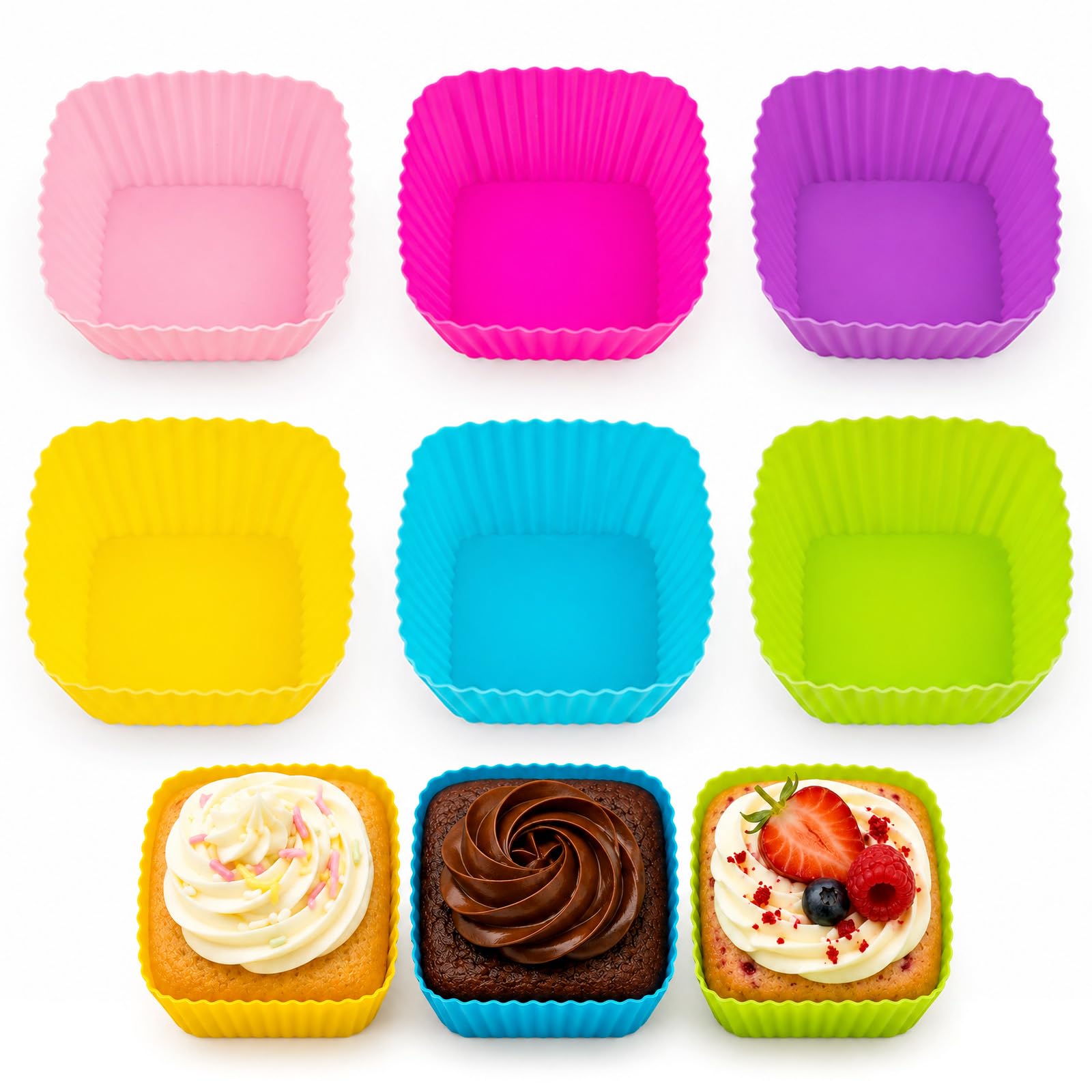Cupcake Cases, Square Silicone Baking Cups Pack of 6 - Non-Stick, Reusable, Heat-Resistant Baking Cases for Cupcake, Muffin and Desserts, Multicolor