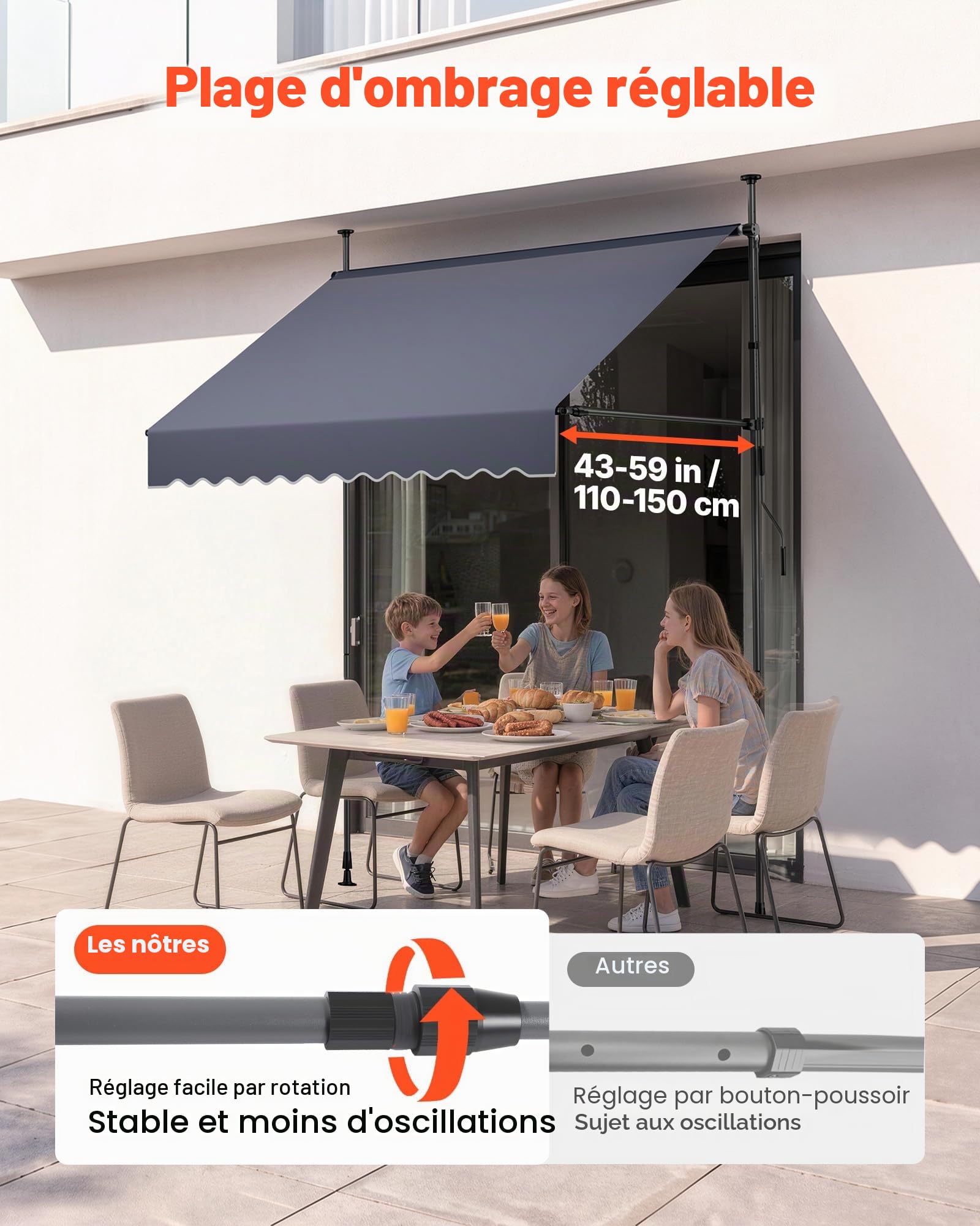 VEVOR Store Banne Manuel sans Perçage Auvent Rétractable 200 cm pour Terrasse et Balcon, avec Manivelle, Hauteur Réglable 210-310 cm, Barres Latérales Réglables 110-150 cm, Angle 0°-90°, Gris Foncé
