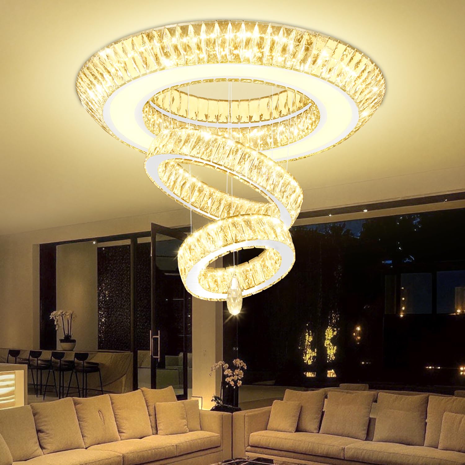 Photo 1 of IDEQUY D32 Inch Modern Large Ring Crystal Chandelier Modern Luxury Ceiling Lights Fixture for Dining Living Room 3-Tier Raindrop Chandeliers Lighting LED 3000-6000K Infinity Dimmable