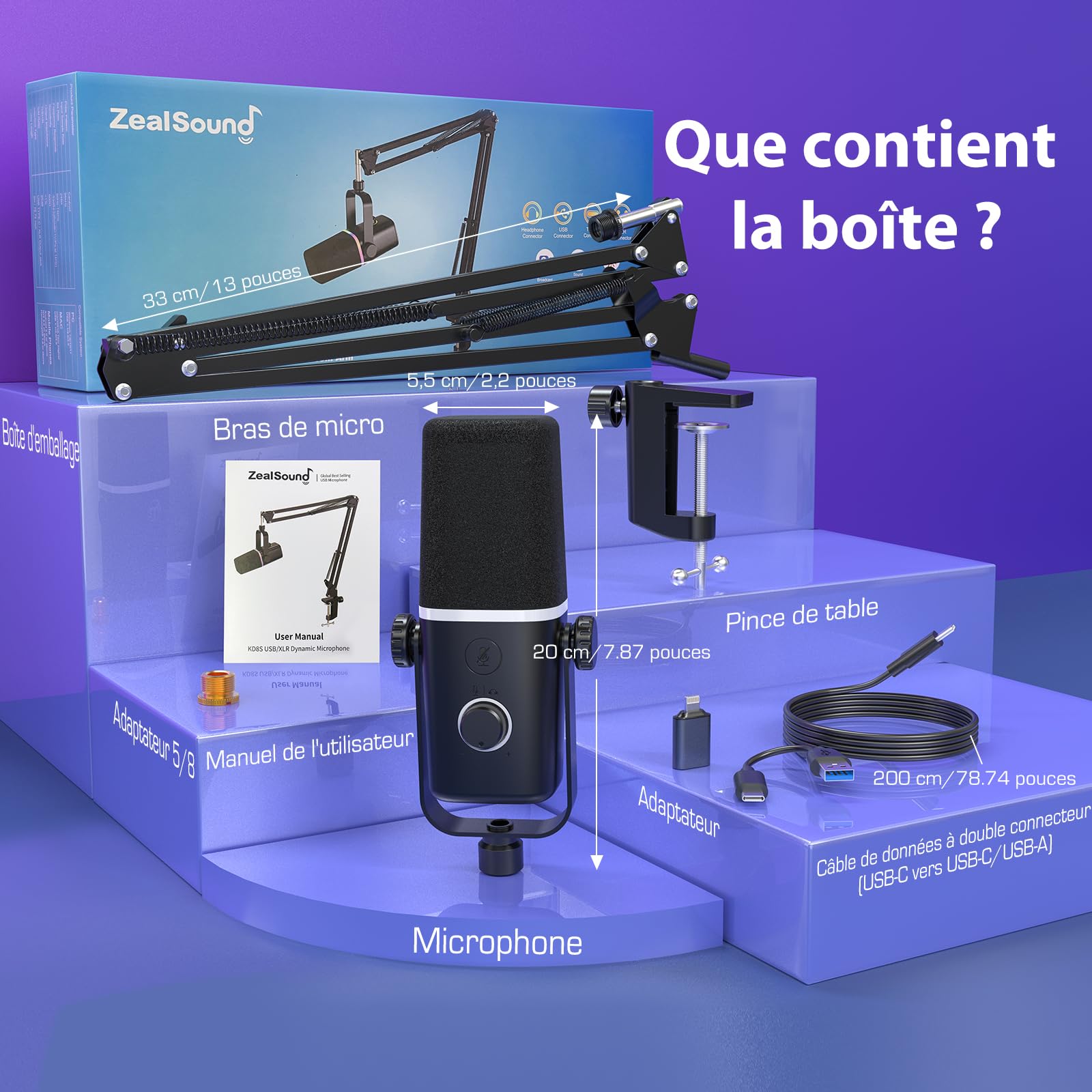 zealsound Microphone Dynamique Vocal pour iPhone Phone PC, Mic Studio Professionnel XLR/USB avec Mute/Monitor,pour Gaming,Podcast,Broadcast,Streaming,Musiciens,Enregistrement de Chant,Youtuber