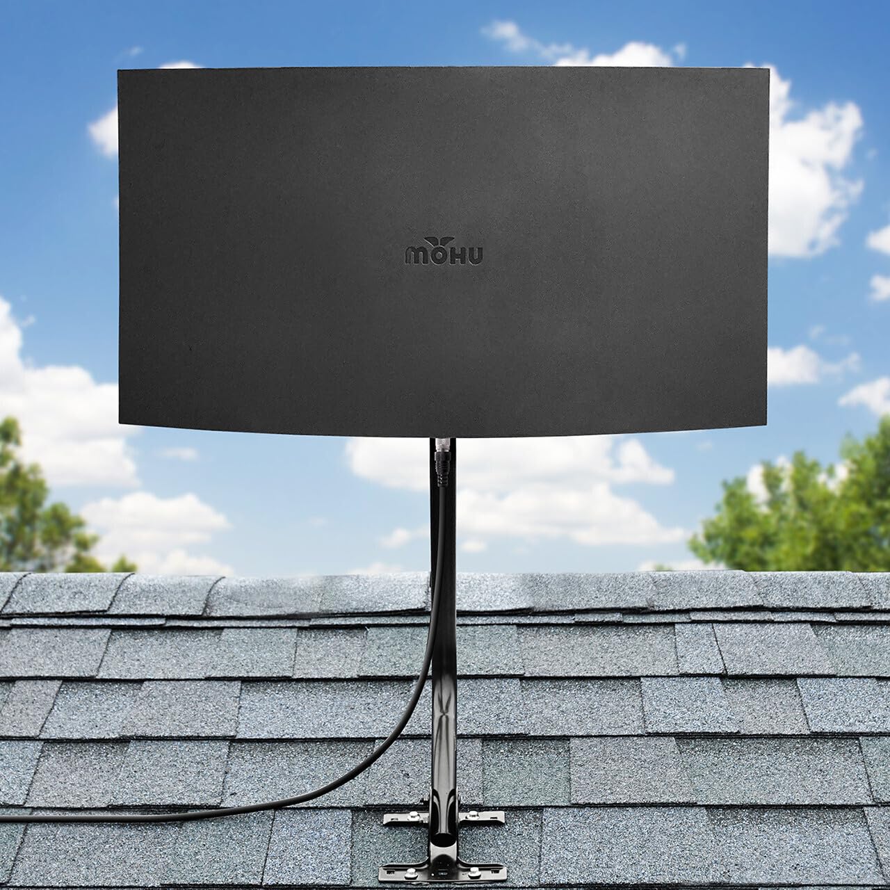 Mohu Sail Antena de TV amplificada para interiores y exteriores, rango de 75 millas, UHF VHF, multidireccional, 4K 8K UHD, NEXTGEN TV, con mástil de 20 pulgadas, cable de 30 pies (negro)