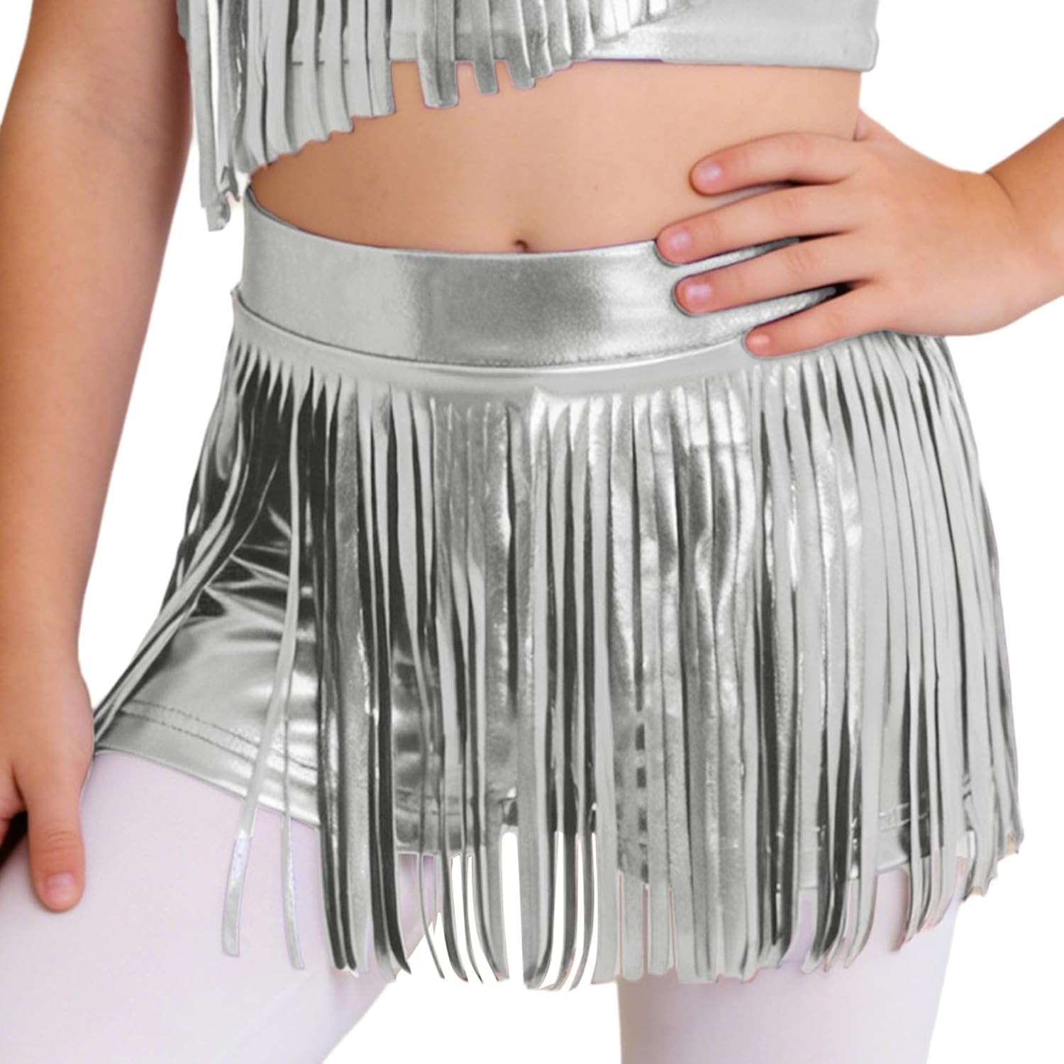 YiZYiF Girls' Hip Hop Gymnastics Dance Shorts Jazz Performance Bottoms Theme Party Tassels Skirts Metallic Hot Pants