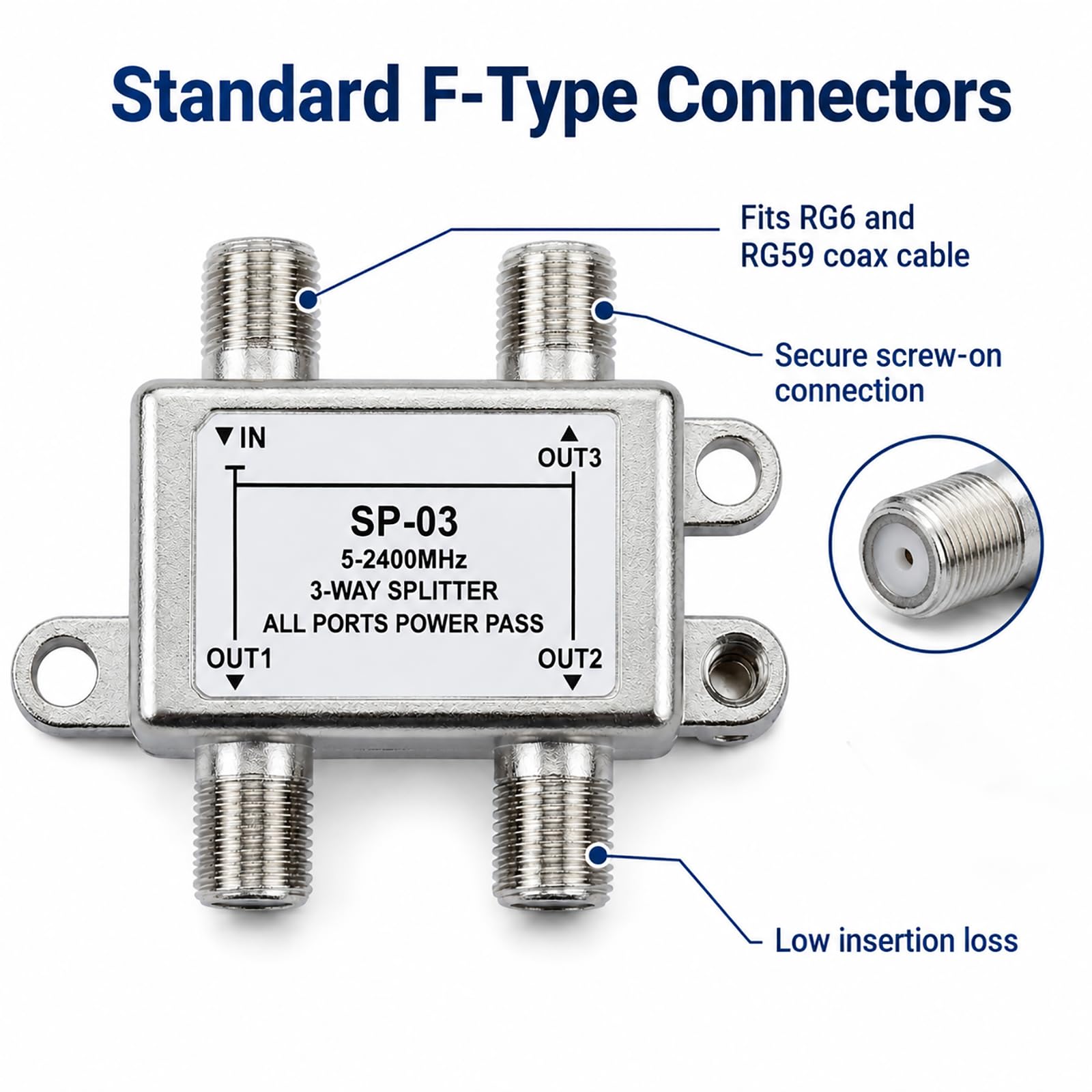 SAT Verteiler 3 Fach, 3 Wege SAT Verteiler F Stecker 5-2400 MHz für DVB-S, DVB-S2, DVB-C, DVB-C2, TV, Radio, Receiver, HDTV UHD 4K kompatibel mit Metallgehäuse, DC Durchgang für Satellitenanlage